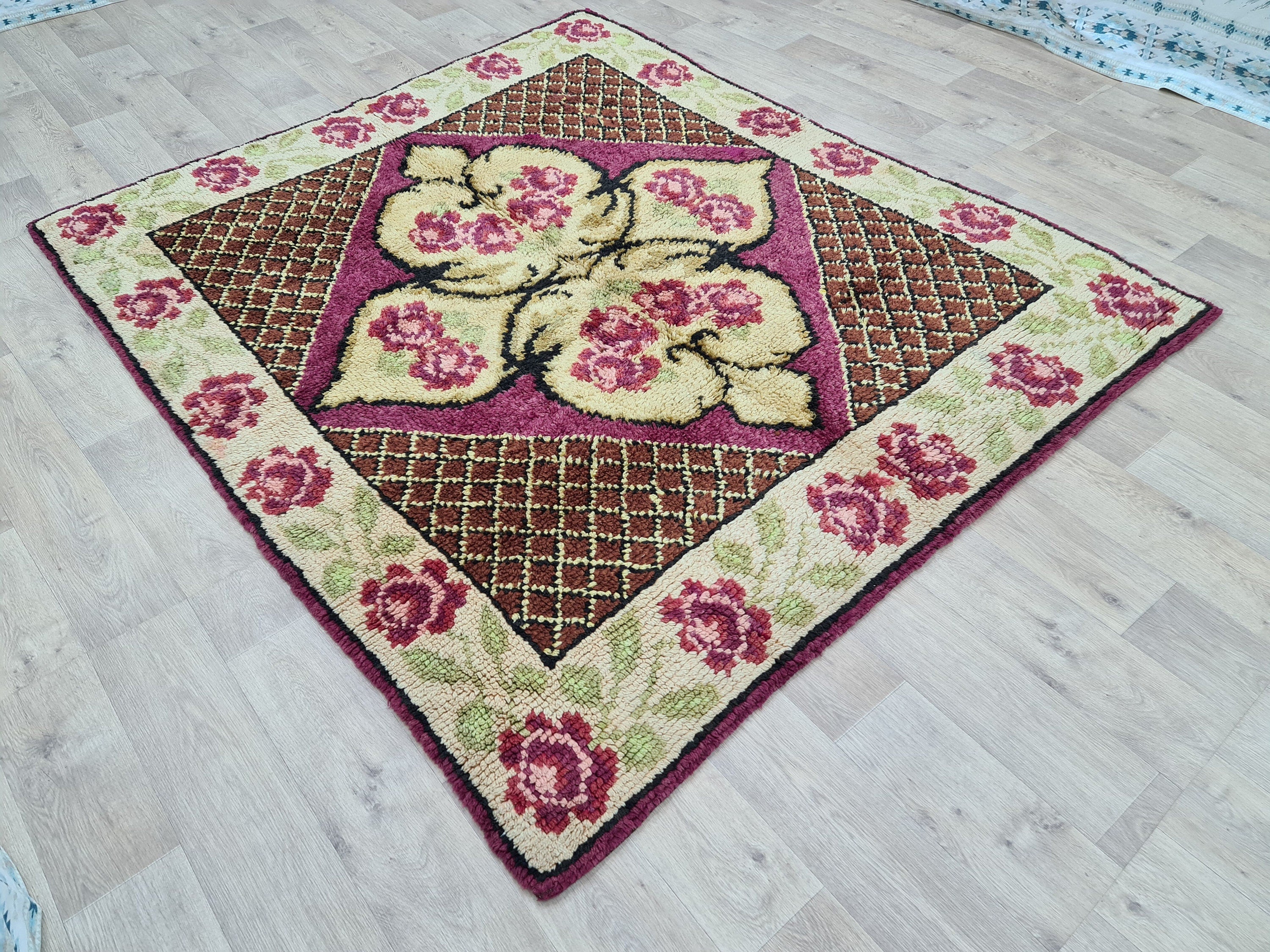 Hand Knotted Wool Oushak Rug: Vintage Turkish High Pile Carpet (6.3x7.25 ft)