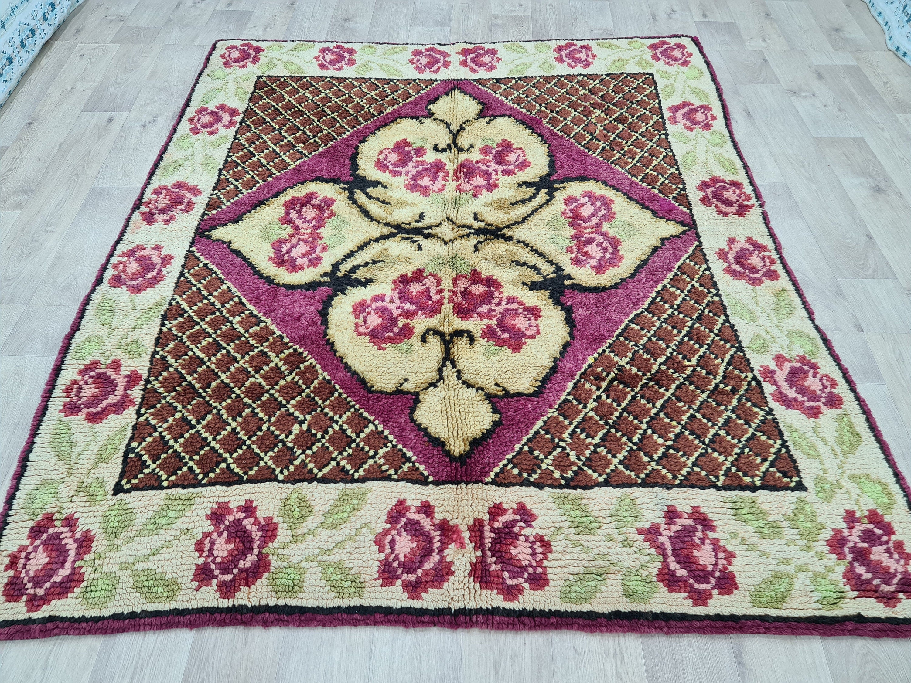 Hand Knotted Wool Oushak Rug: Vintage Turkish High Pile Carpet (6.3x7.25 ft)