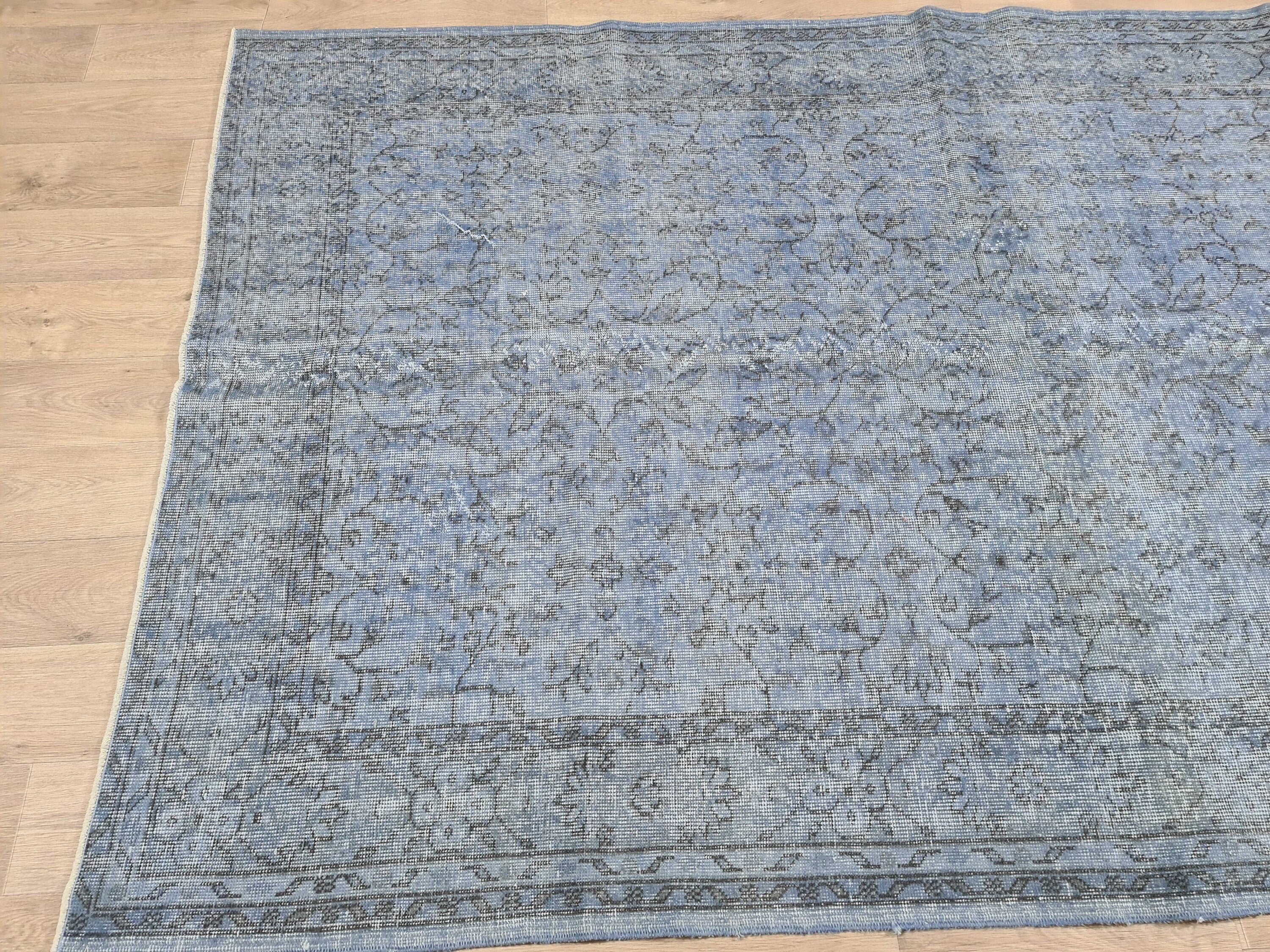 Hand Knotted Vintage Turkish Wool Rug: 6x9 Blue Oushak Carpet