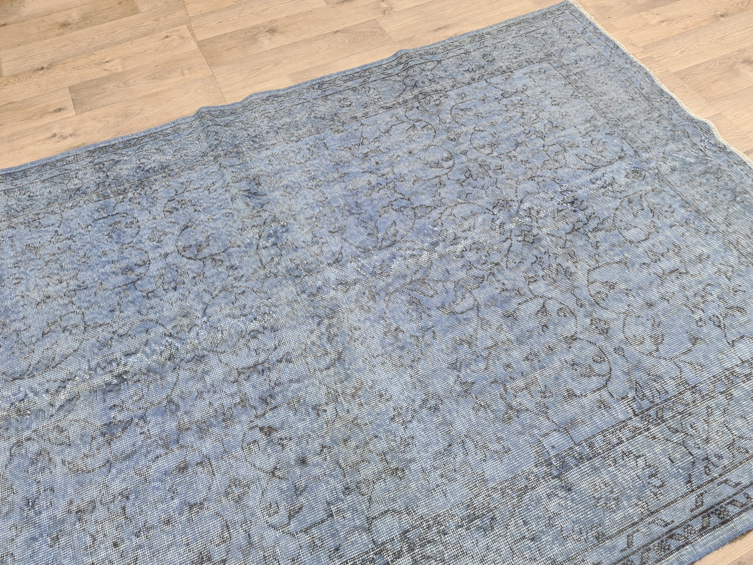 Hand Knotted Vintage Turkish Wool Rug: 6x9 Blue Oushak Carpet