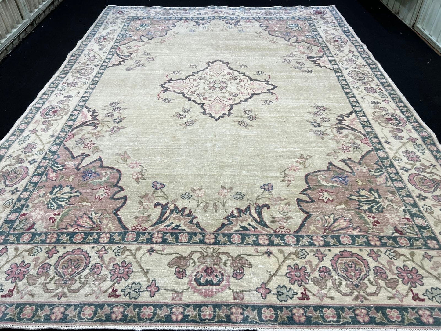 9x12 Vintage Turkish Oushak Rug: Neutral Faded Carpet (8.7x11.7 ft)