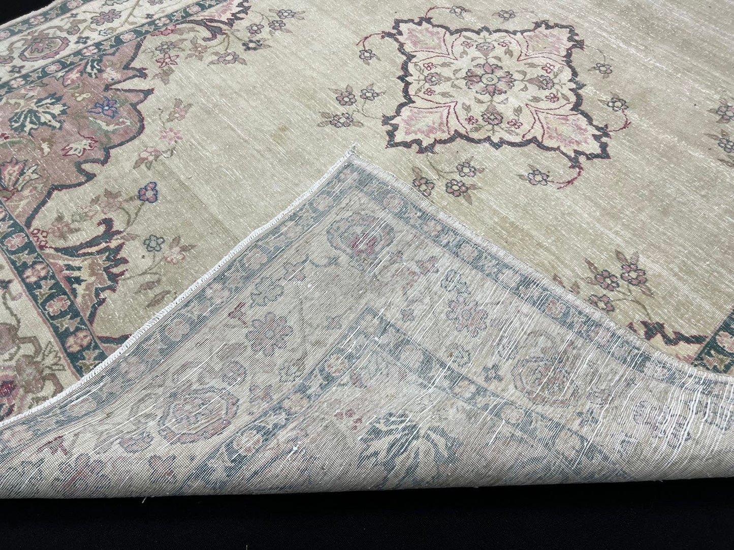 9x12 Vintage Turkish Oushak Rug: Neutral Faded Carpet (8.7x11.7 ft)