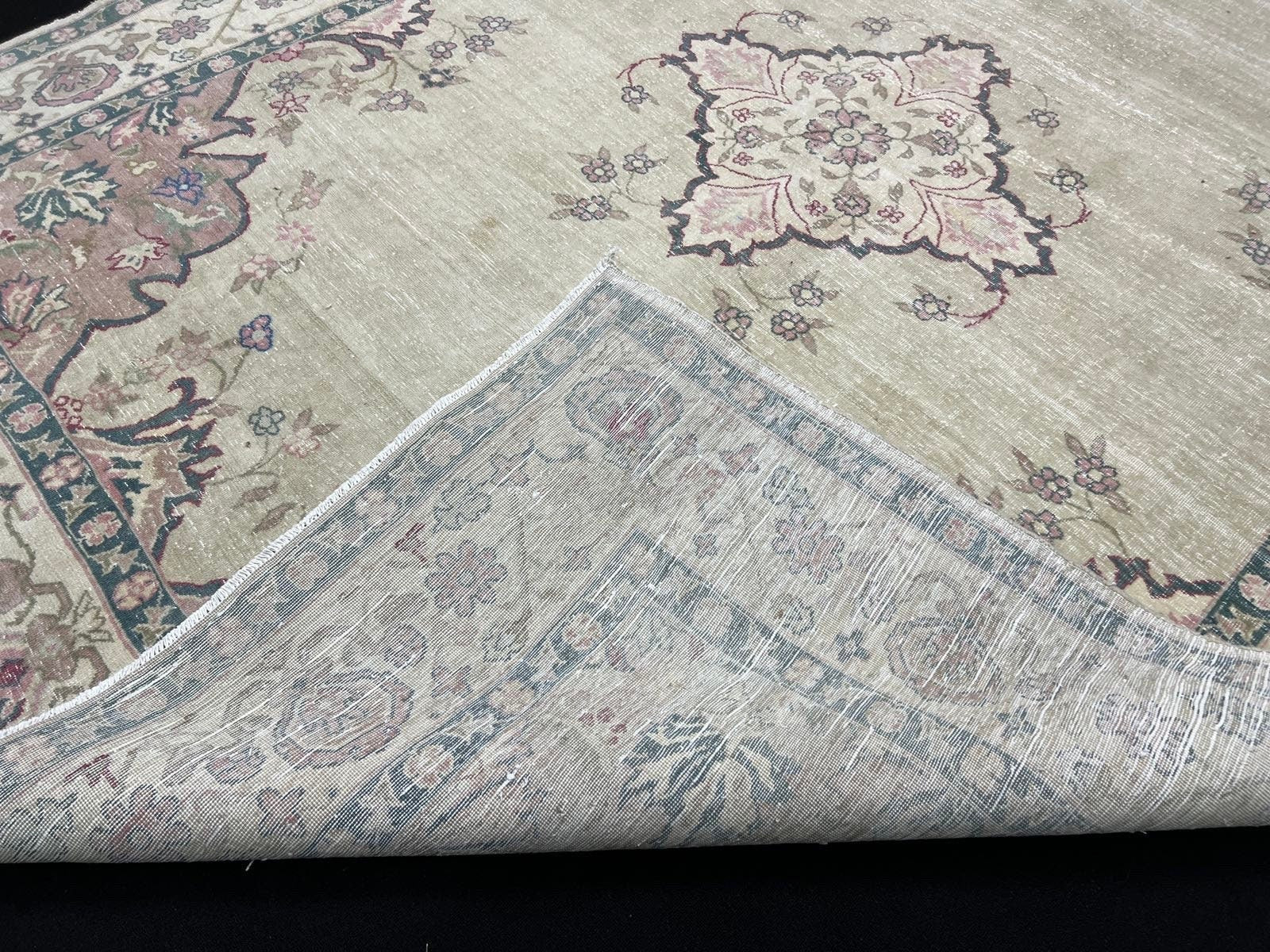 9x12 Vintage Turkish Oushak Rug: Neutral Faded Carpet (8.7x11.7 ft)