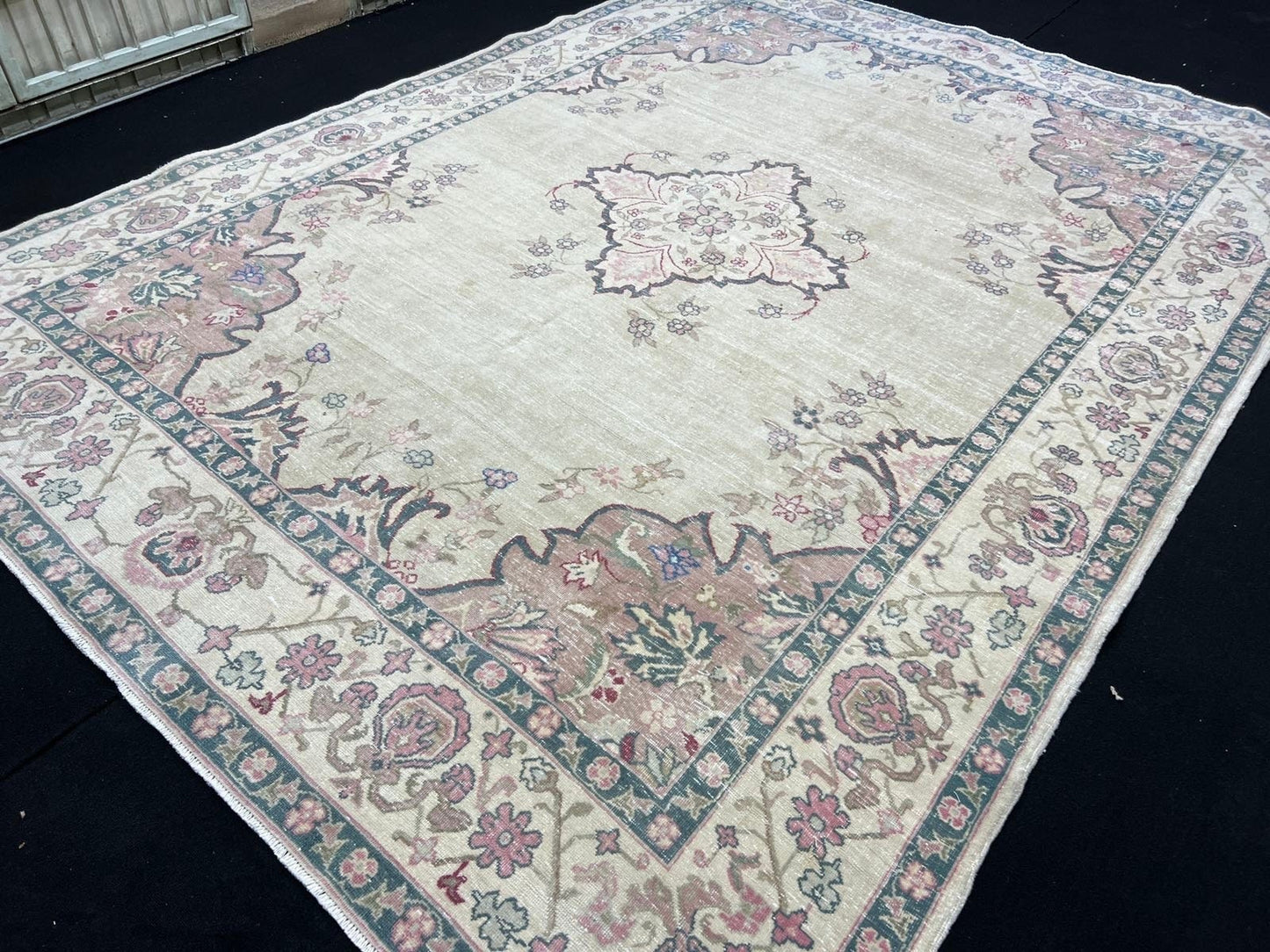 9x12 Vintage Turkish Oushak Rug: Neutral Faded Carpet (8.7x11.7 ft)