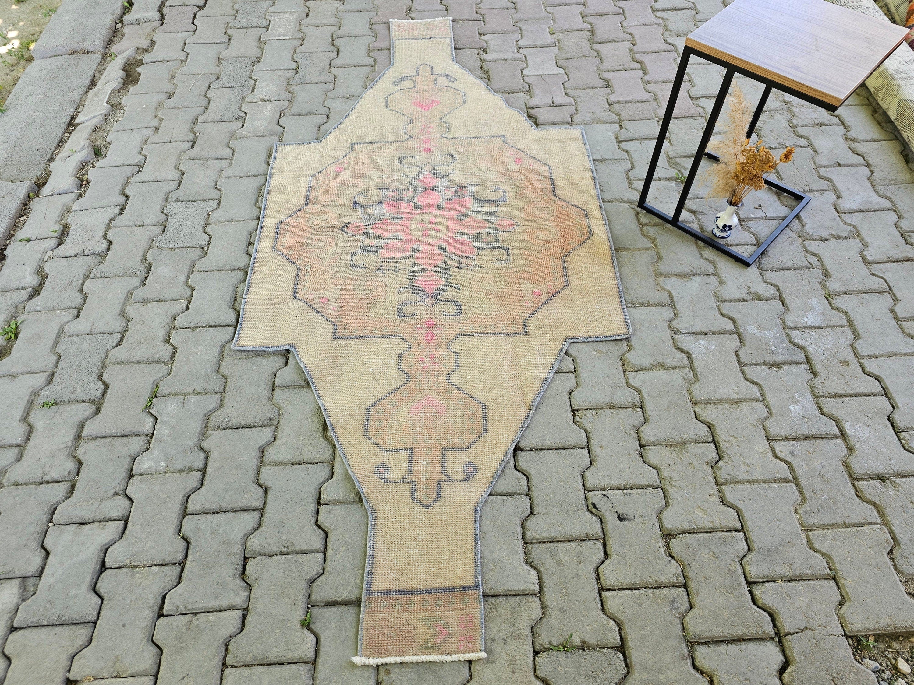 Vintage Geometric Turkish Rug: Hand-Knotted Wool Oushak Rug (3.3 x 7.5 ft)