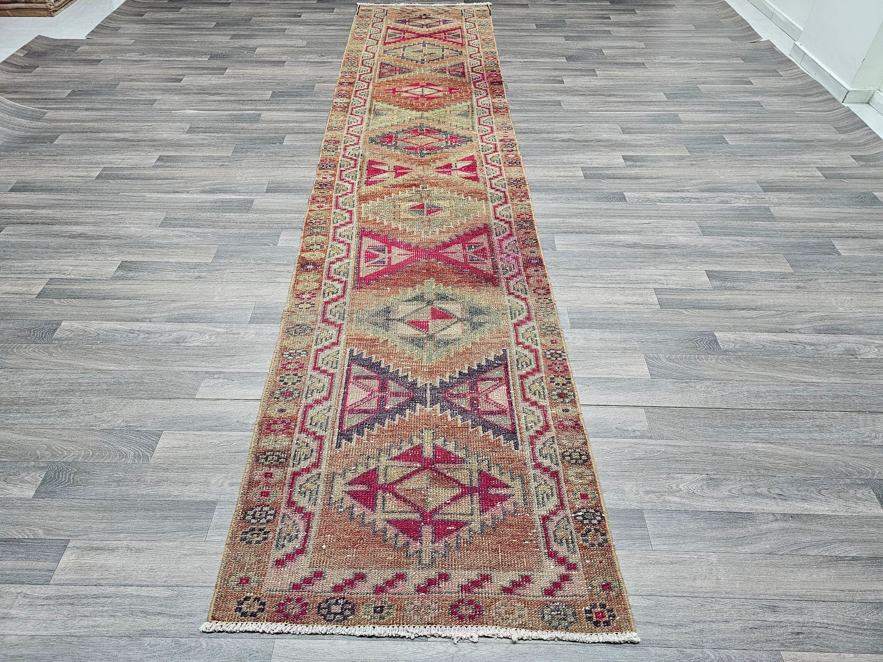 Vintage Herki Wool Runner Rug: 3x13 Rustic Hallway Decor