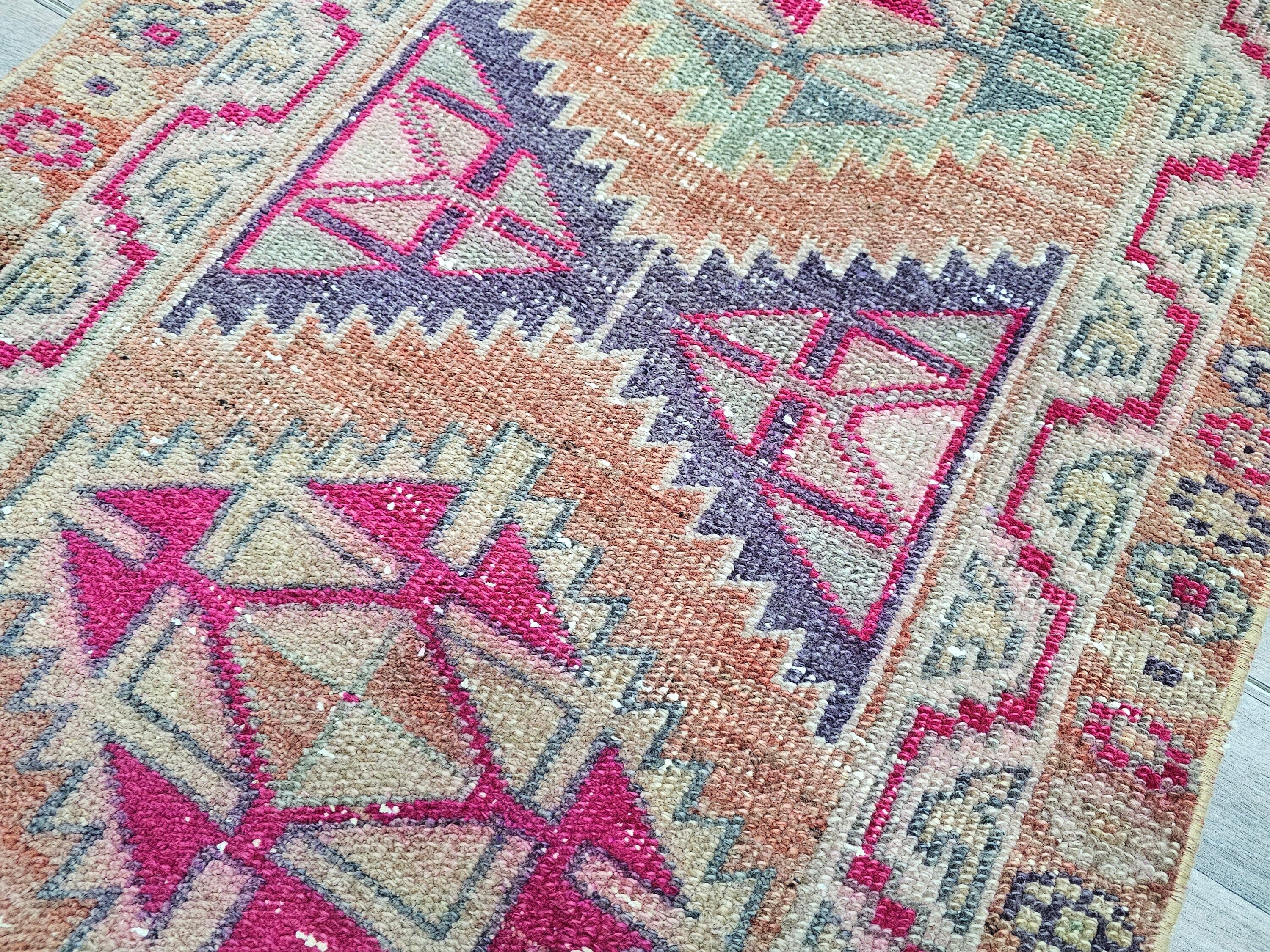 Vintage Herki Wool Runner Rug: 3x13 Rustic Hallway Decor