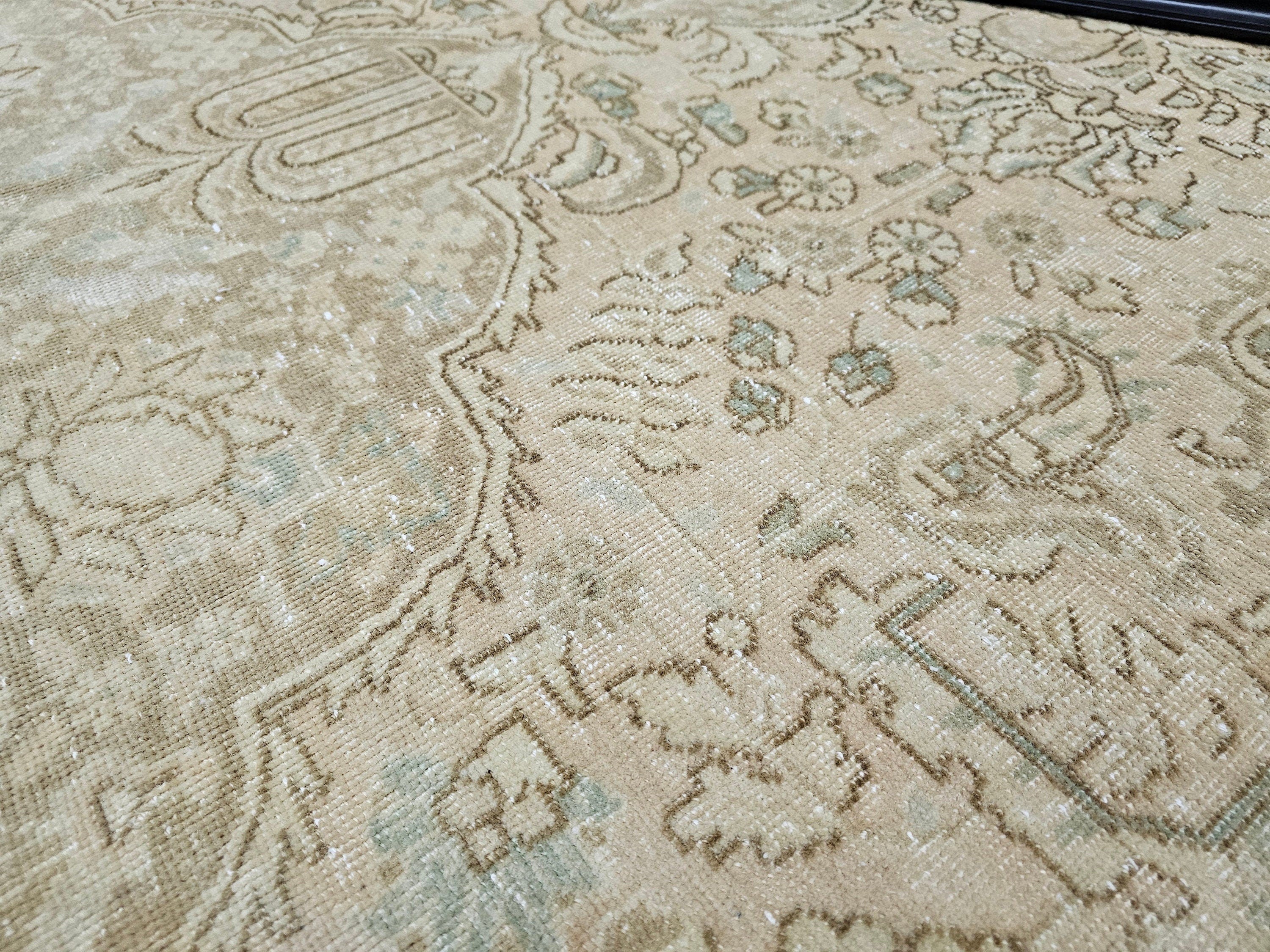 9x12 Wool Oushak Rug: Neutral Beige Faded Turkish Area Rug
