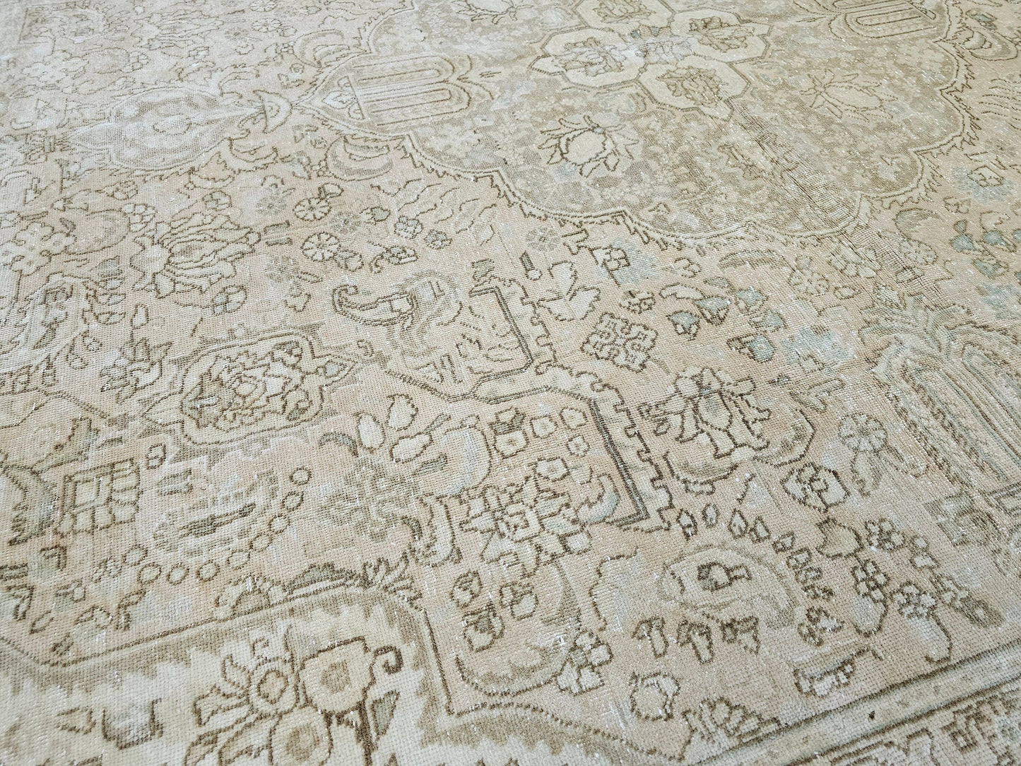 9x12 Wool Oushak Rug: Neutral Beige Faded Turkish Area Rug
