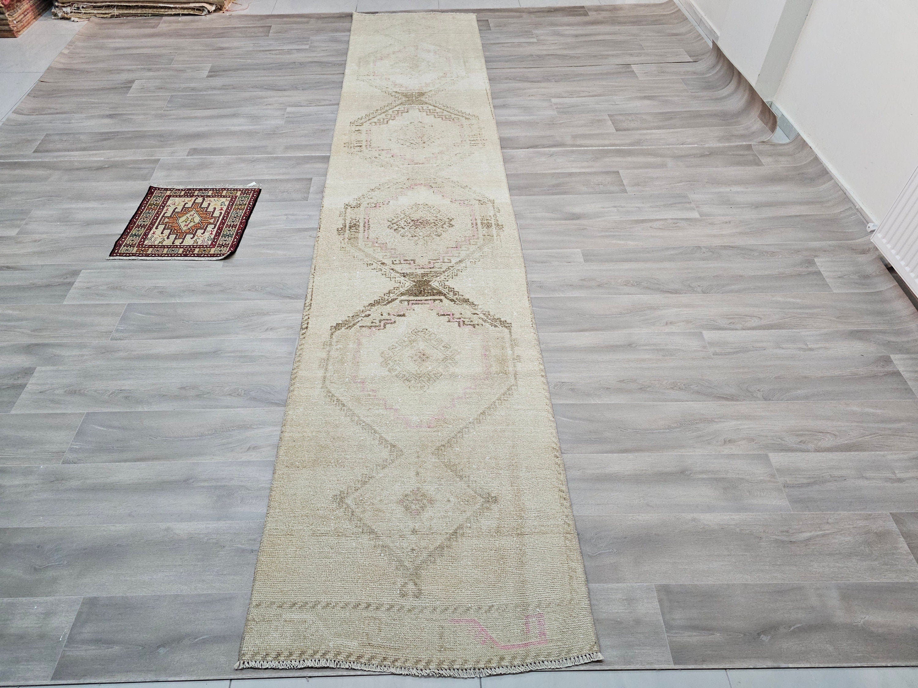 Hand Knotted Wool Turkish Runner Rug: Neutral Oushak Stair Runner (3x14 ft)