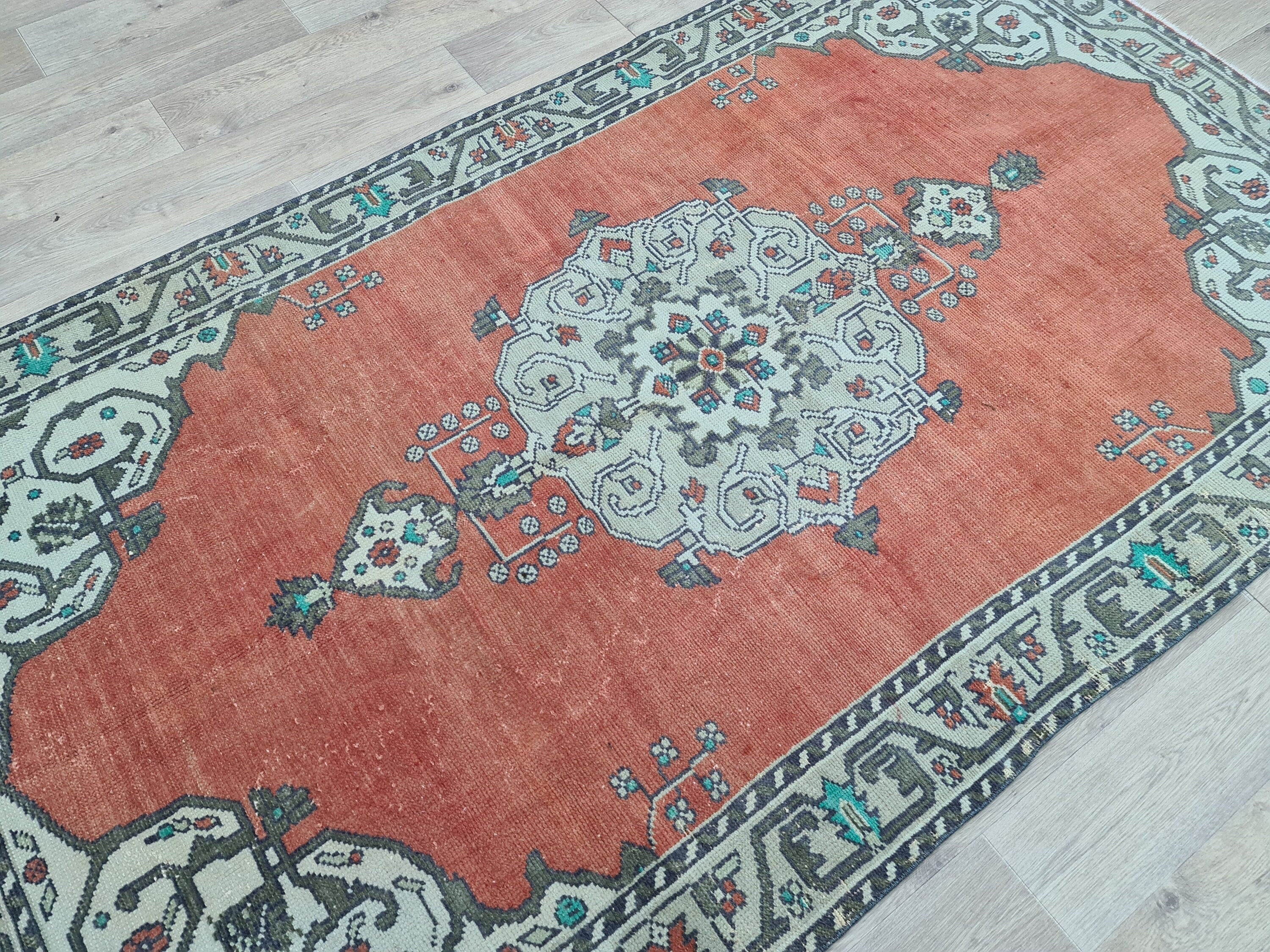 Hand Knotted Wool Turkish Rug: 5x8 Vintage Oushak Accent Rug