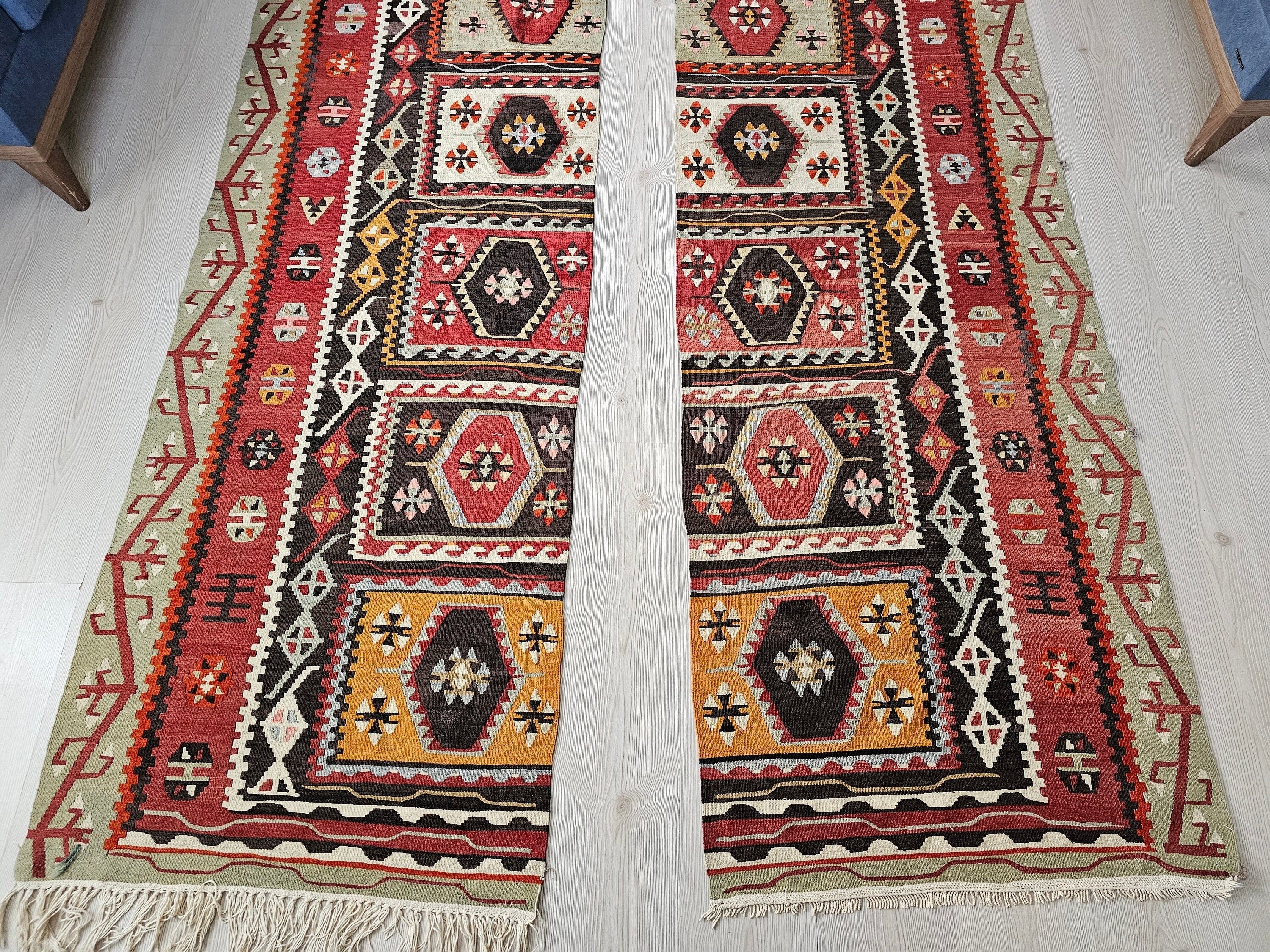 Vintage Oushak Kilim Runner Rug: Double Wing Anatolian Wool Rug
