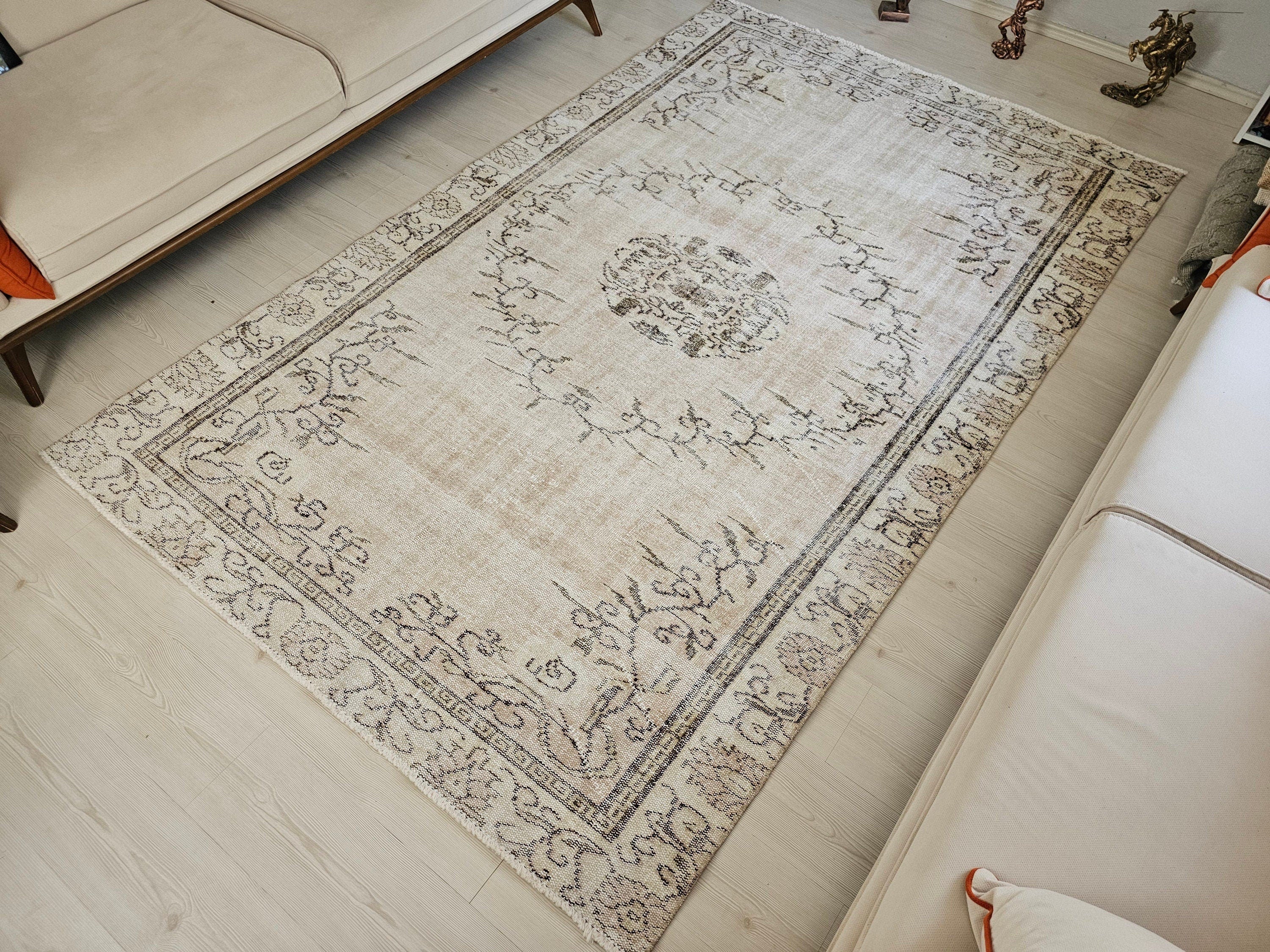 Hand Knotted Wool Turkish Oushak Rug 6x9: Neutral Boho Area Rug