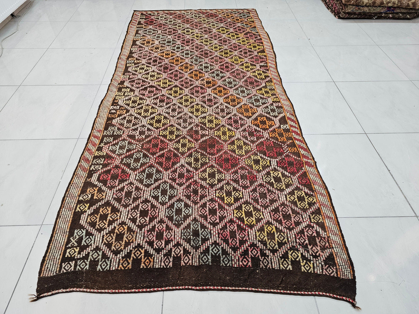 Vintage Turkish Kilim Runner 4x10 Geometric Handwoven Pink Brown Tribal Persian Hallway Rug Bohemian Runner Rug