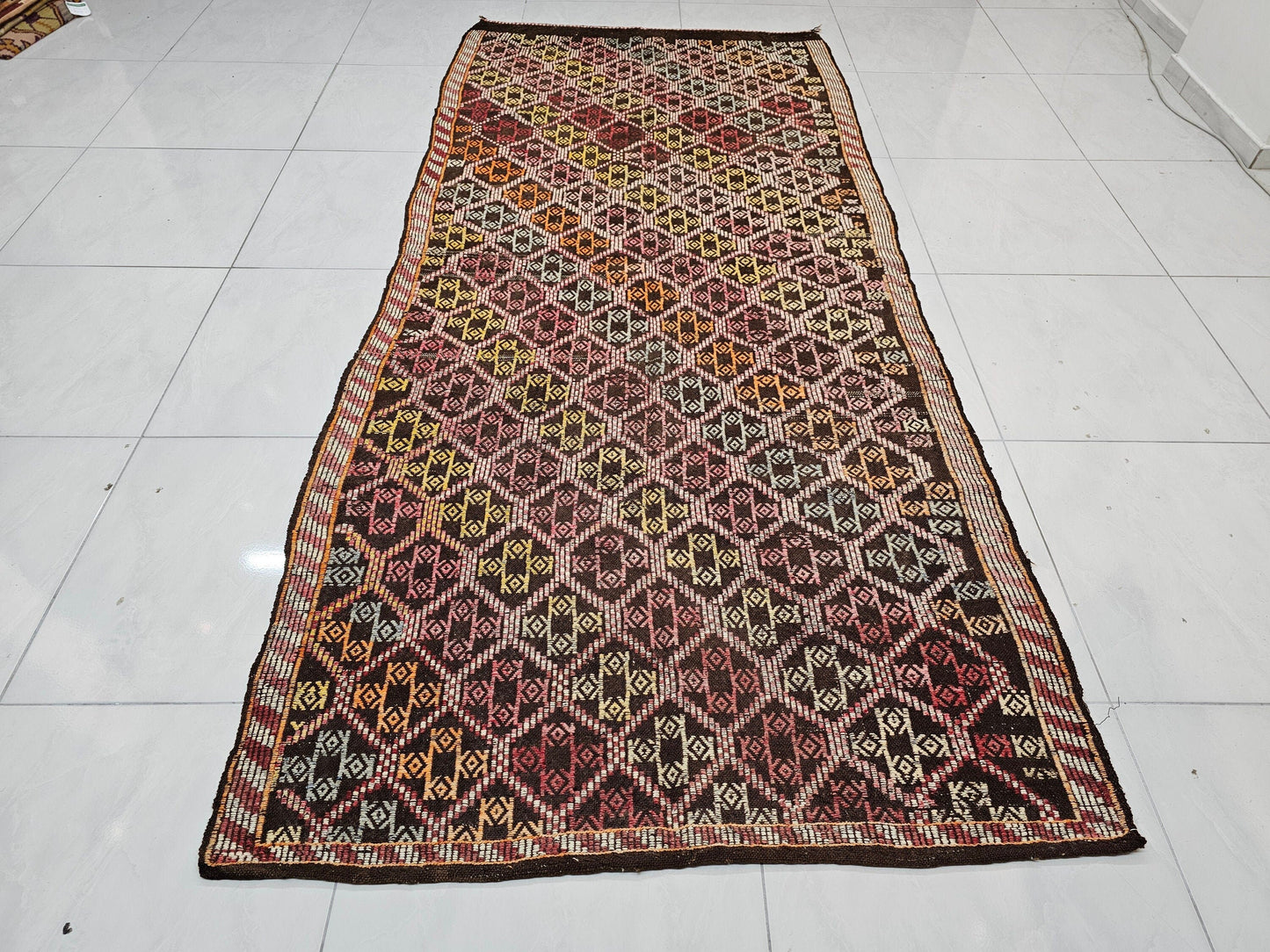 Vintage Turkish Kilim Runner 4x10 Geometric Handwoven Pink Brown Tribal Persian Hallway Rug Bohemian Runner Rug