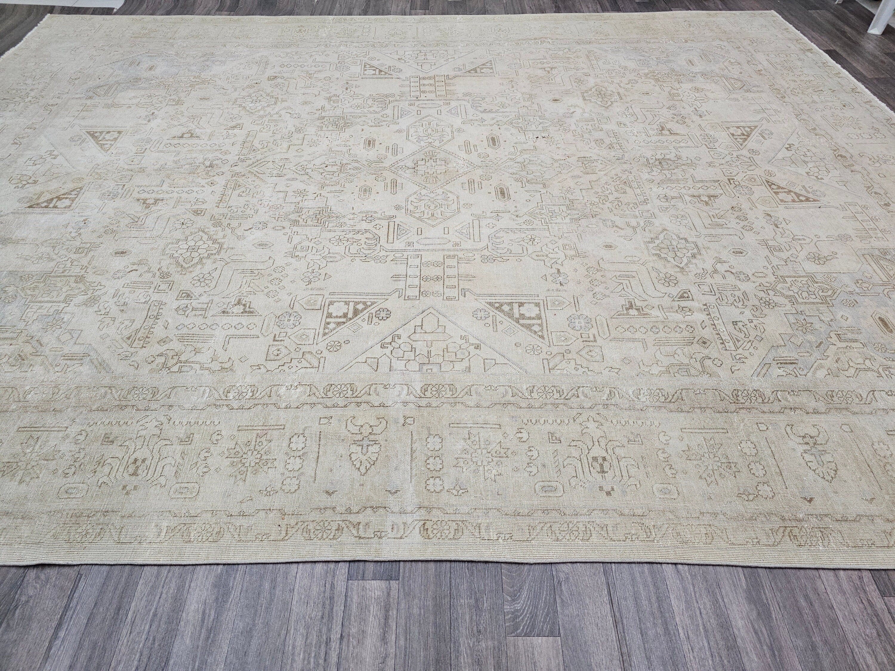 9x12 Distressed Oversize Neutral Persian Rug | Geometric Heriz Design | Hand Knotted Area Rug