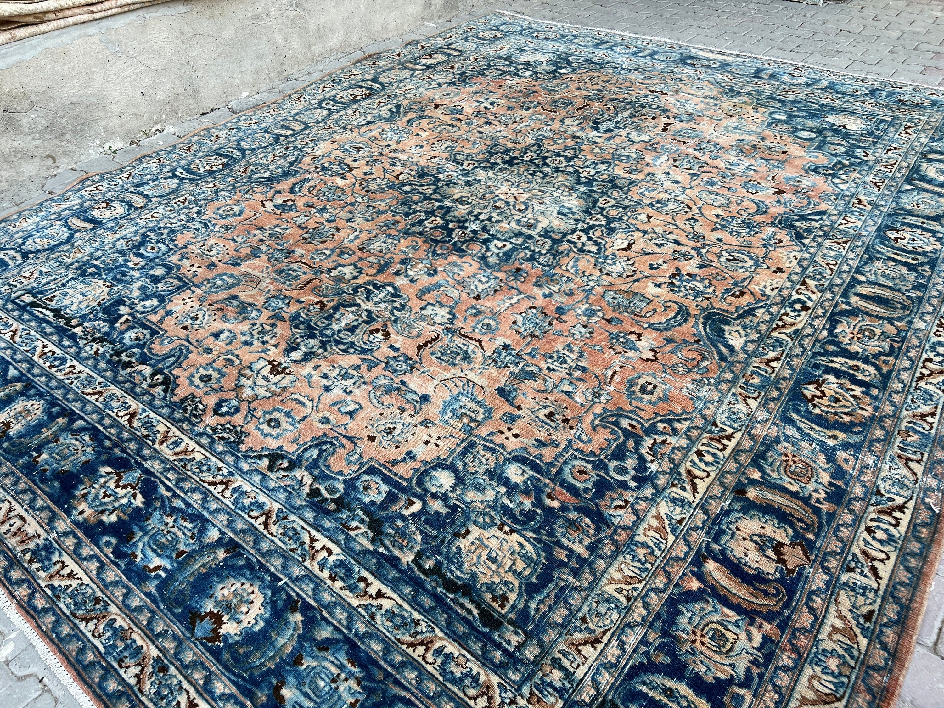 Hand-Knotted Vintage Turkish Oushak Rug (10x12): Navy Blue & Orange Wool