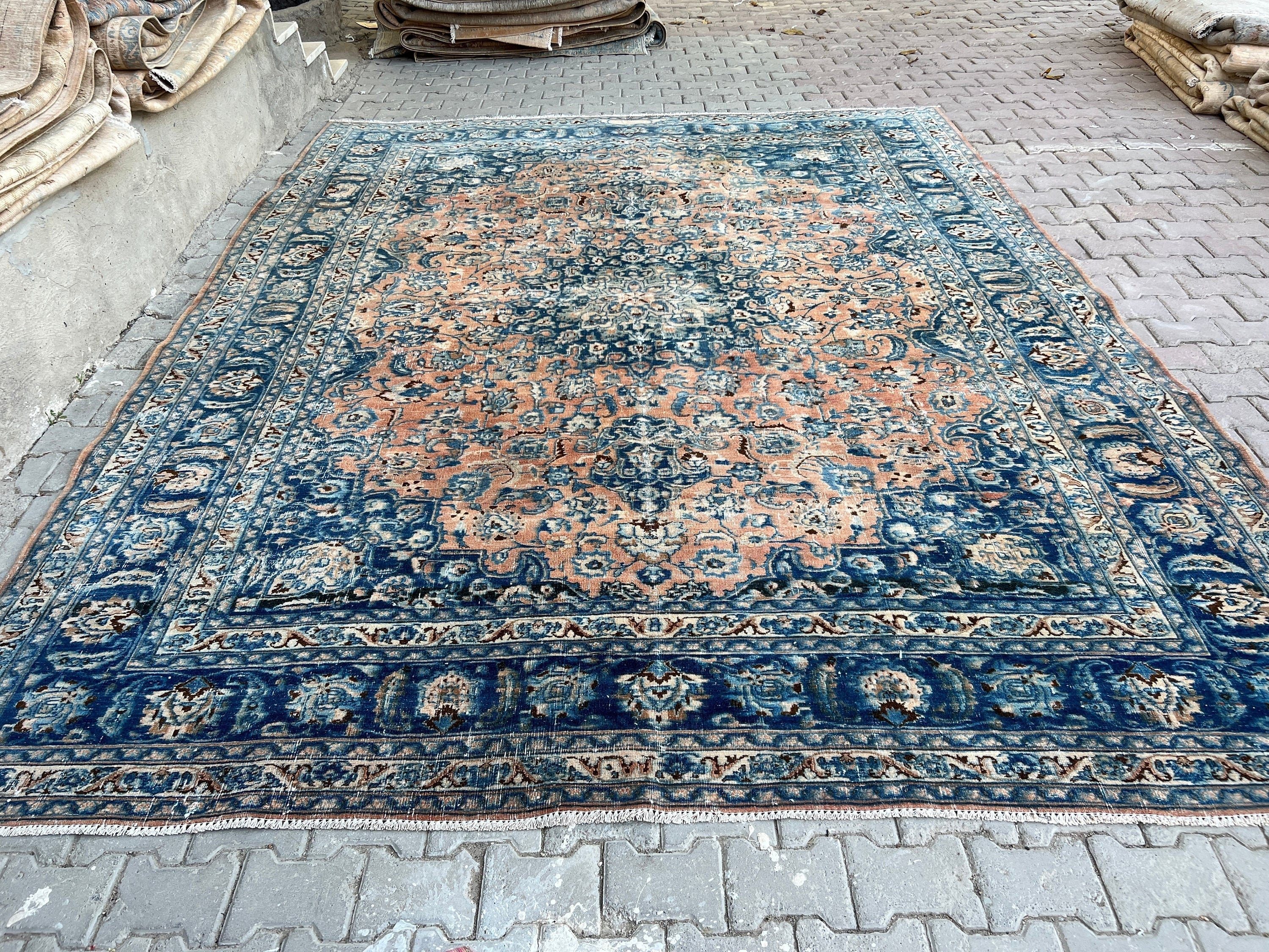 Hand-Knotted Vintage Turkish Oushak Rug (10x12): Navy Blue & Orange Wool
