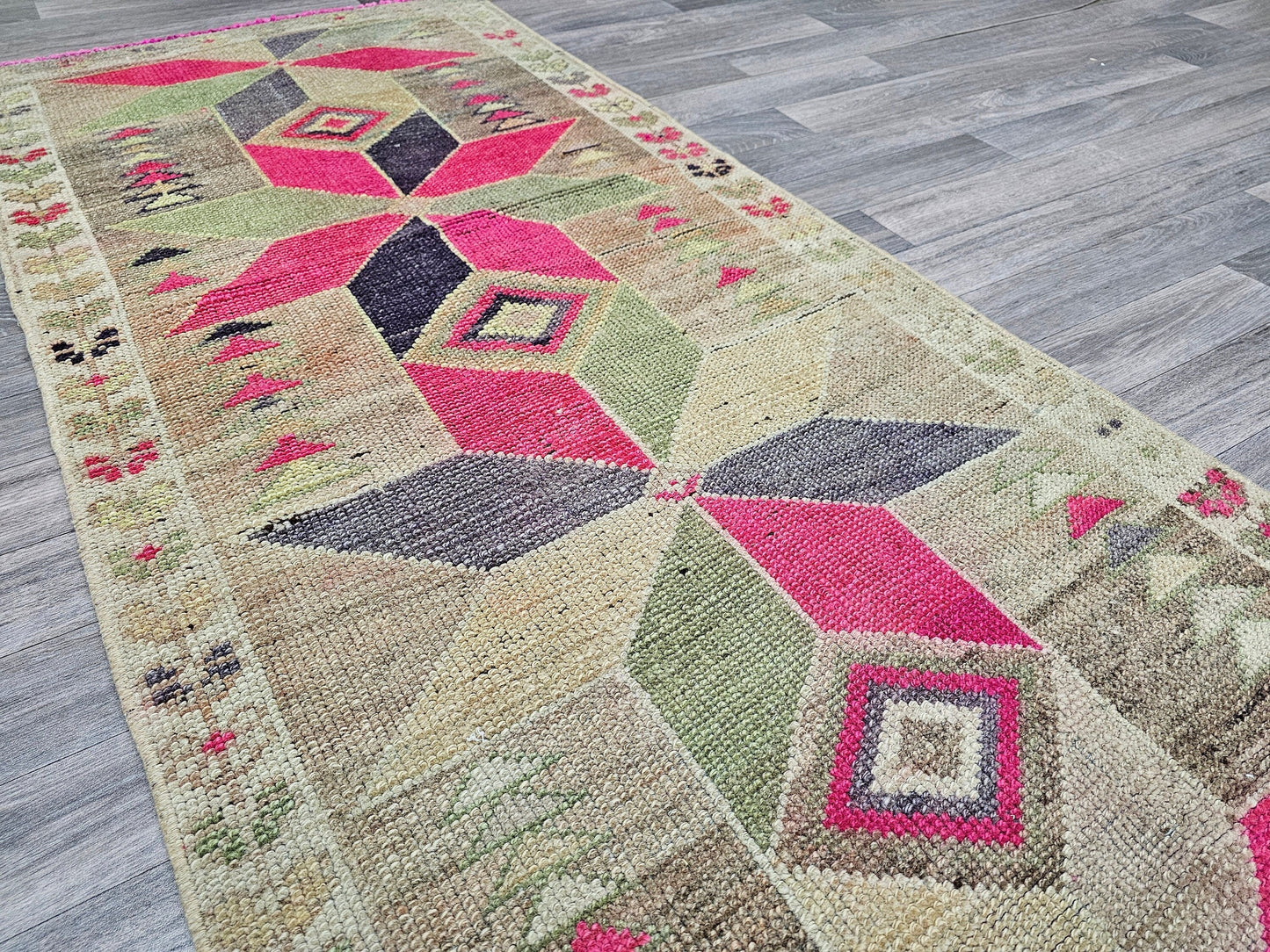 Vintage Wool Runner Rug: 3x11 Herki Turkish Hallway Rug