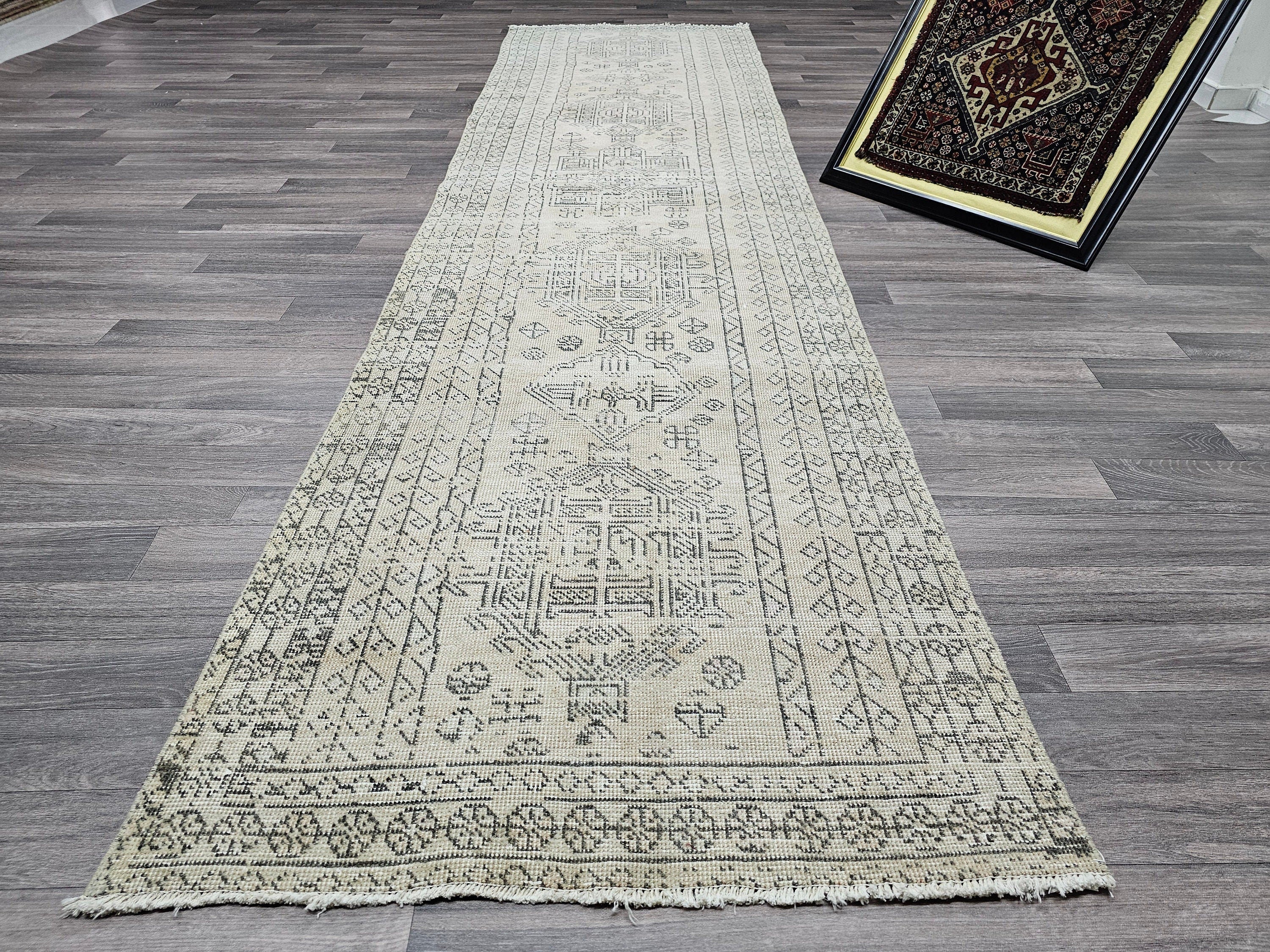 Vintage Oushak Runner Rug: 3x12 Hand-Knotted Wool Turkish Hallway Rug
