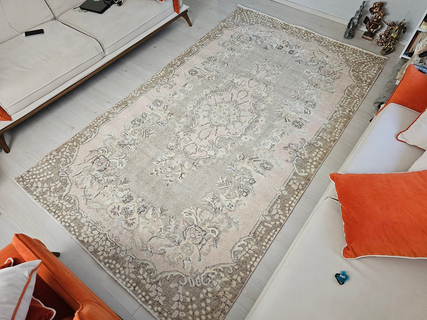 Vintage Turkish Wool Rug: 6x10 Floral Oushak Rug, Hand-Knotted