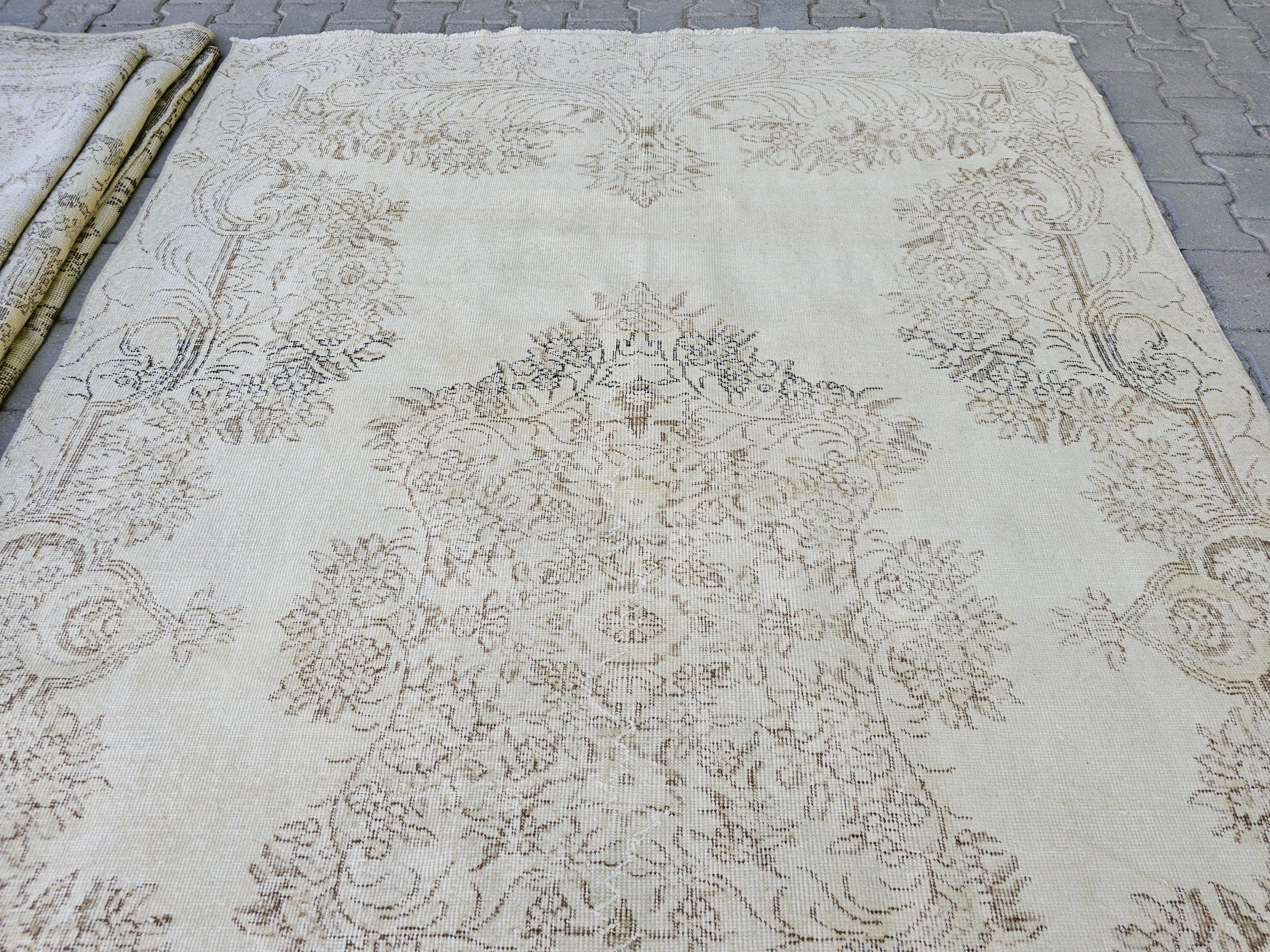 6x9 Vintage Turkish Oushak Rug: Cream Wool Area Rug