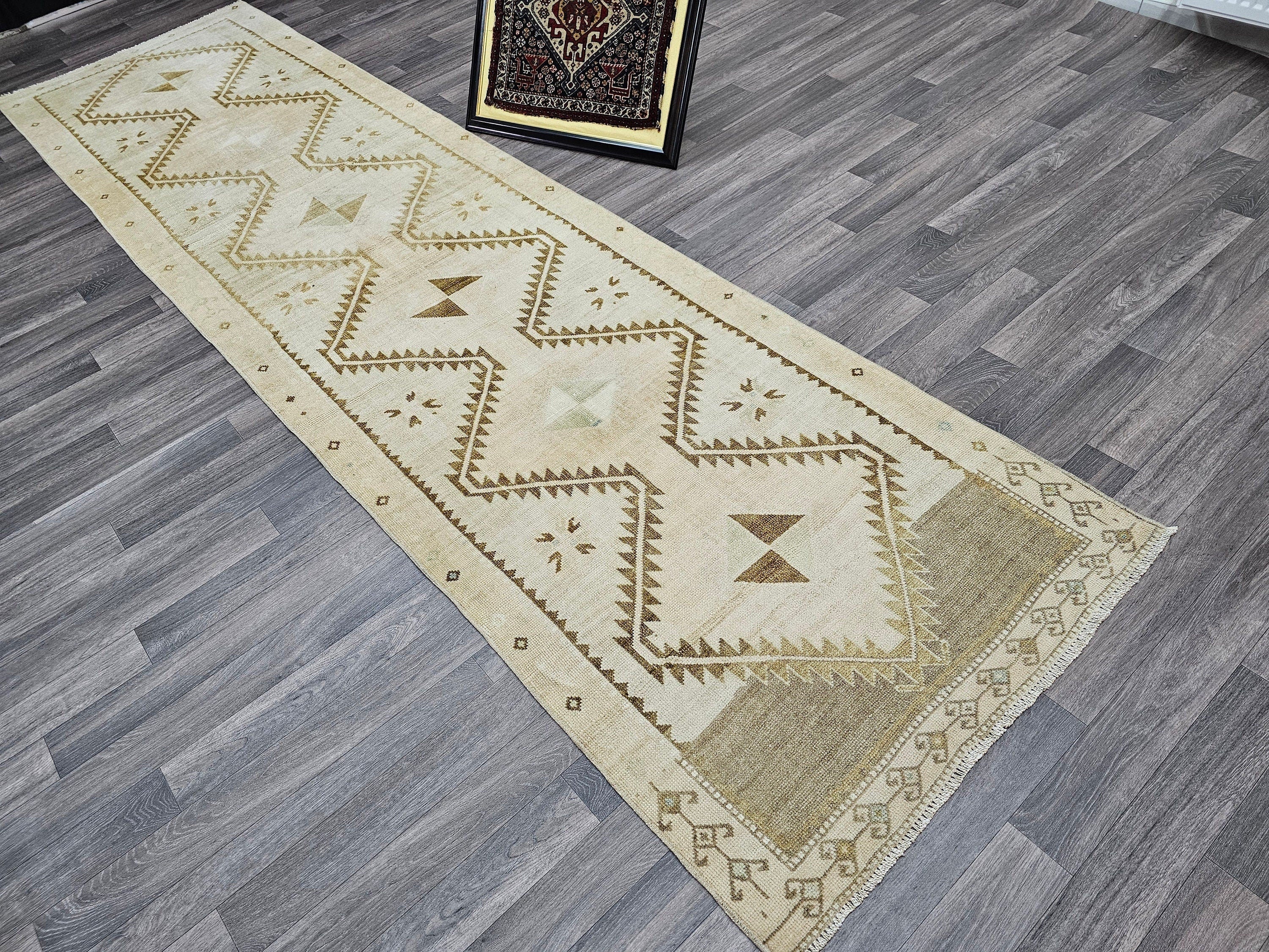 Hand Knotted Turkish Oushak Wool Runner: Neutral Geometric Design (3.30x12.50 feet)