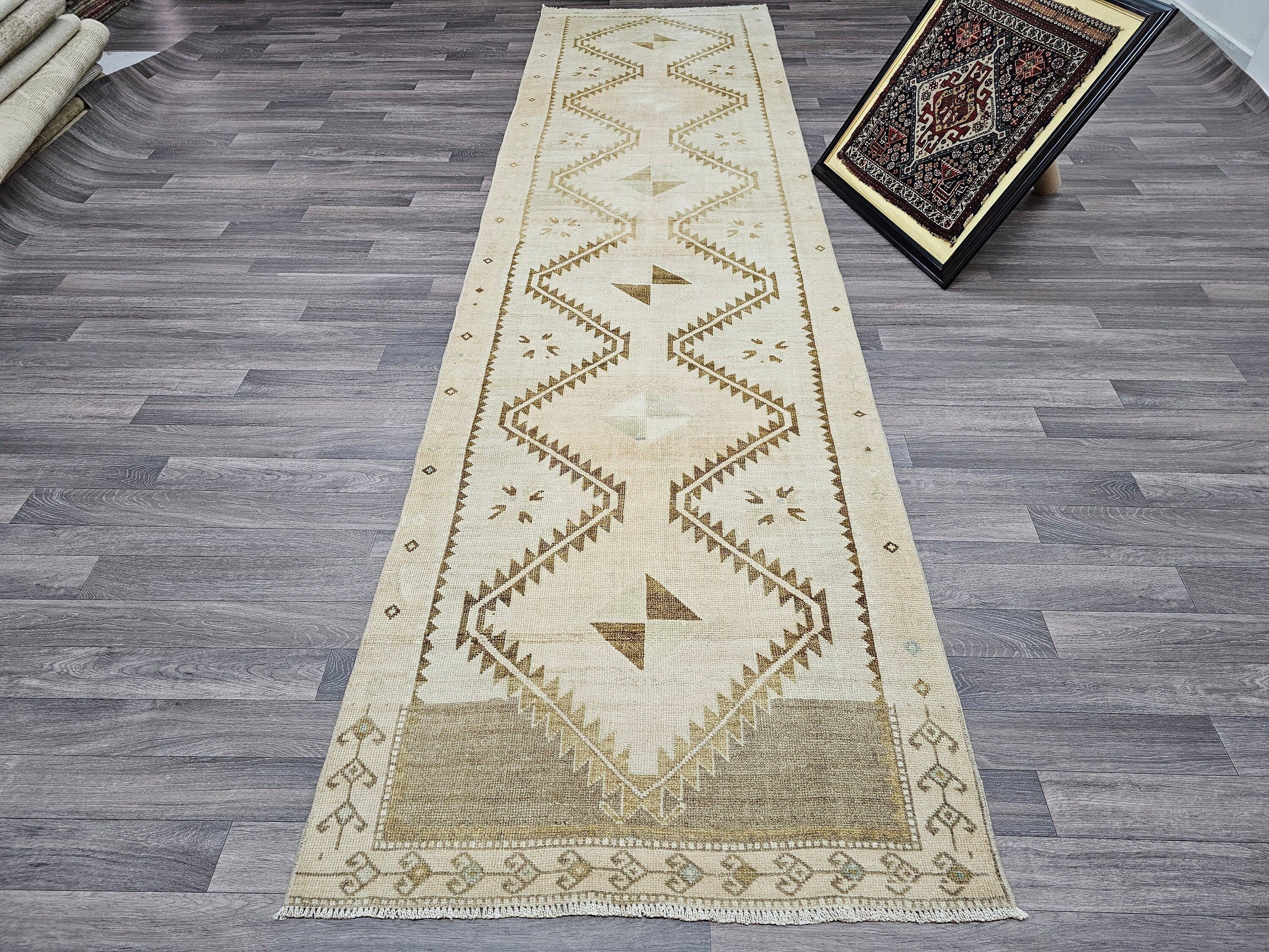 Hand Knotted Turkish Oushak Wool Runner: Neutral Geometric Design (3.30x12.50 feet)
