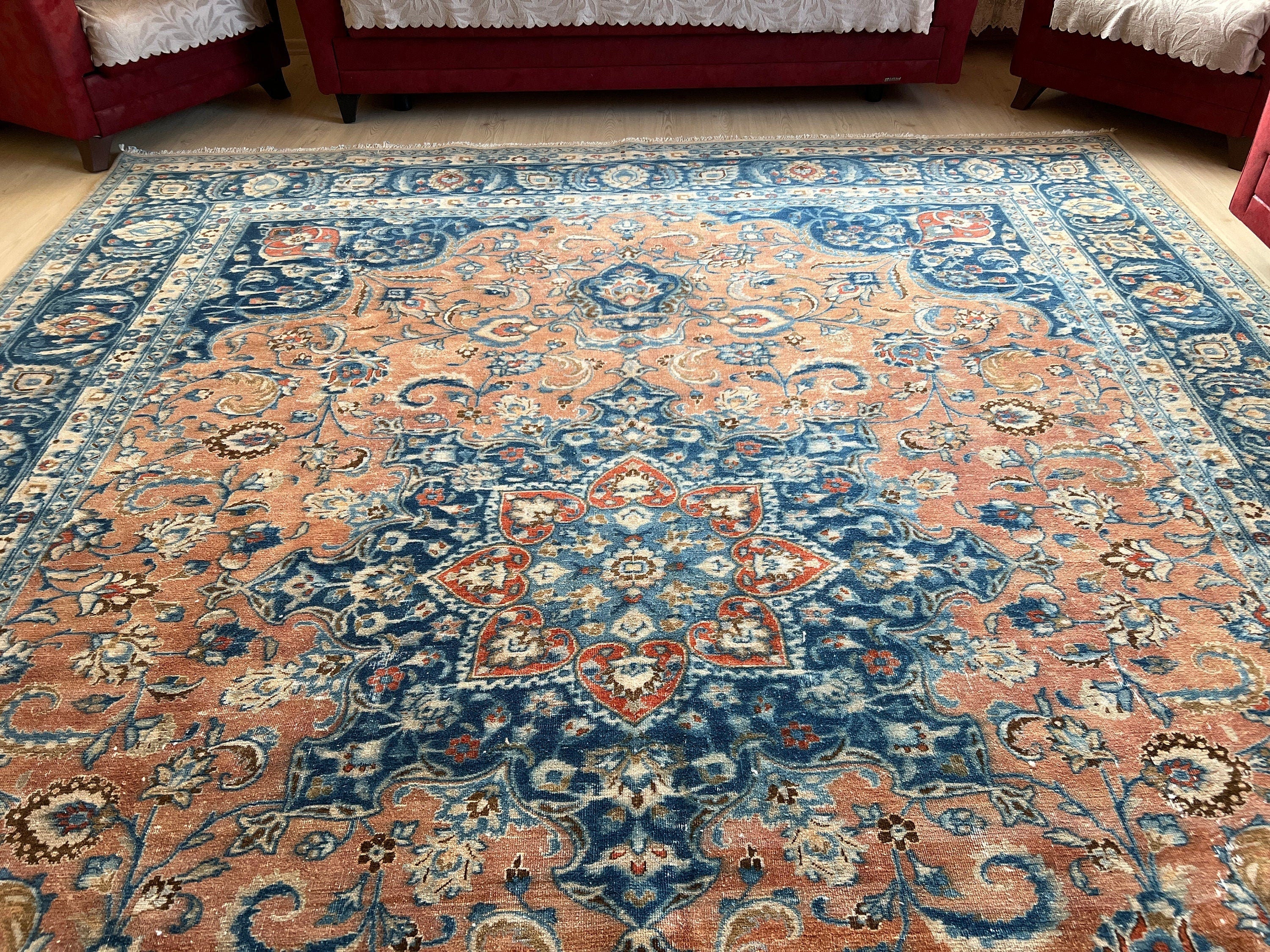 Large Vintage Turkish Wool Rug: Hand-Knotted Persian Design (10x12.45 ft)