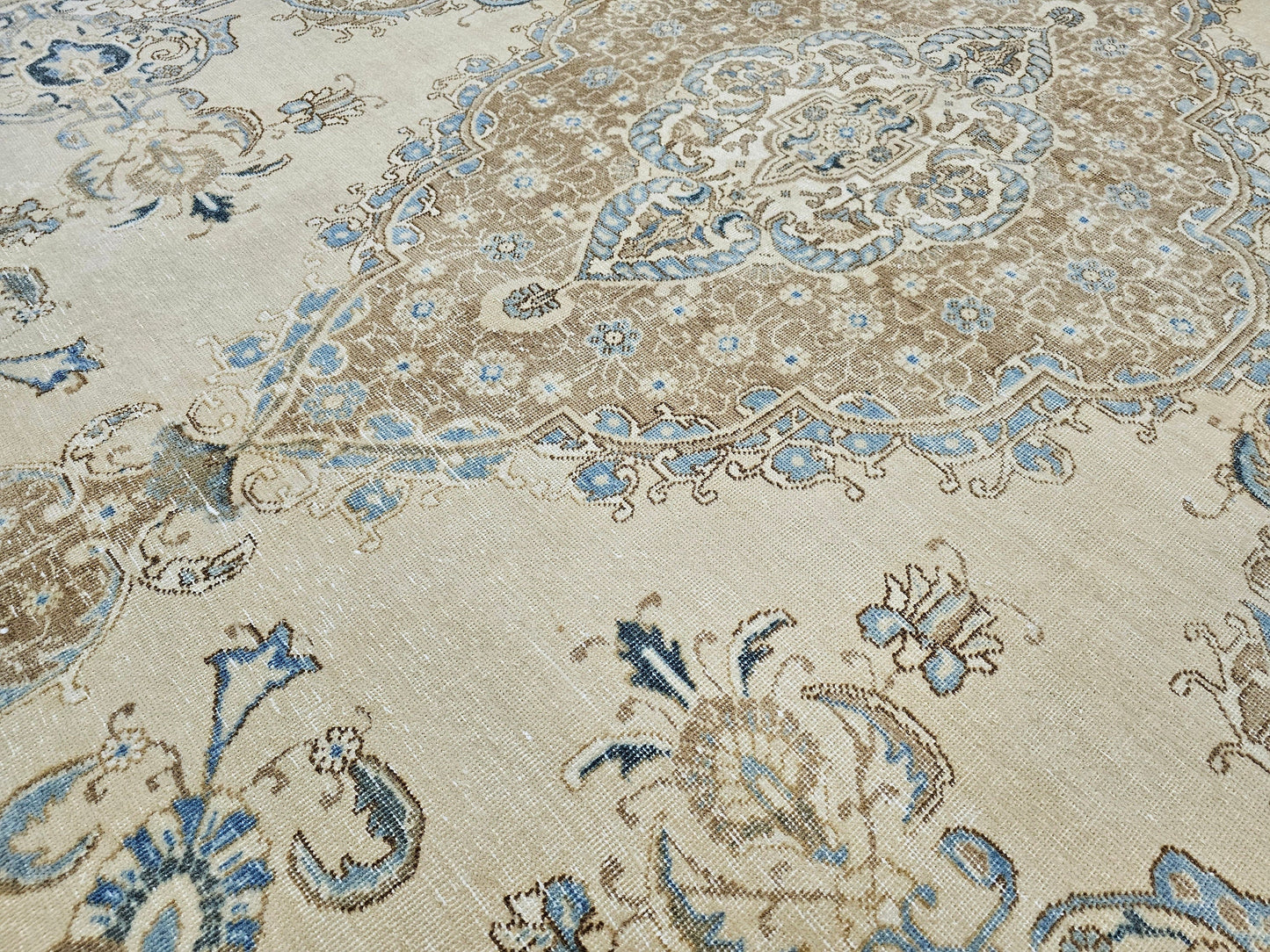 11x16 Extra Large Vintage Oushak Rug: Neutral Beige, Blue & Brown Wool