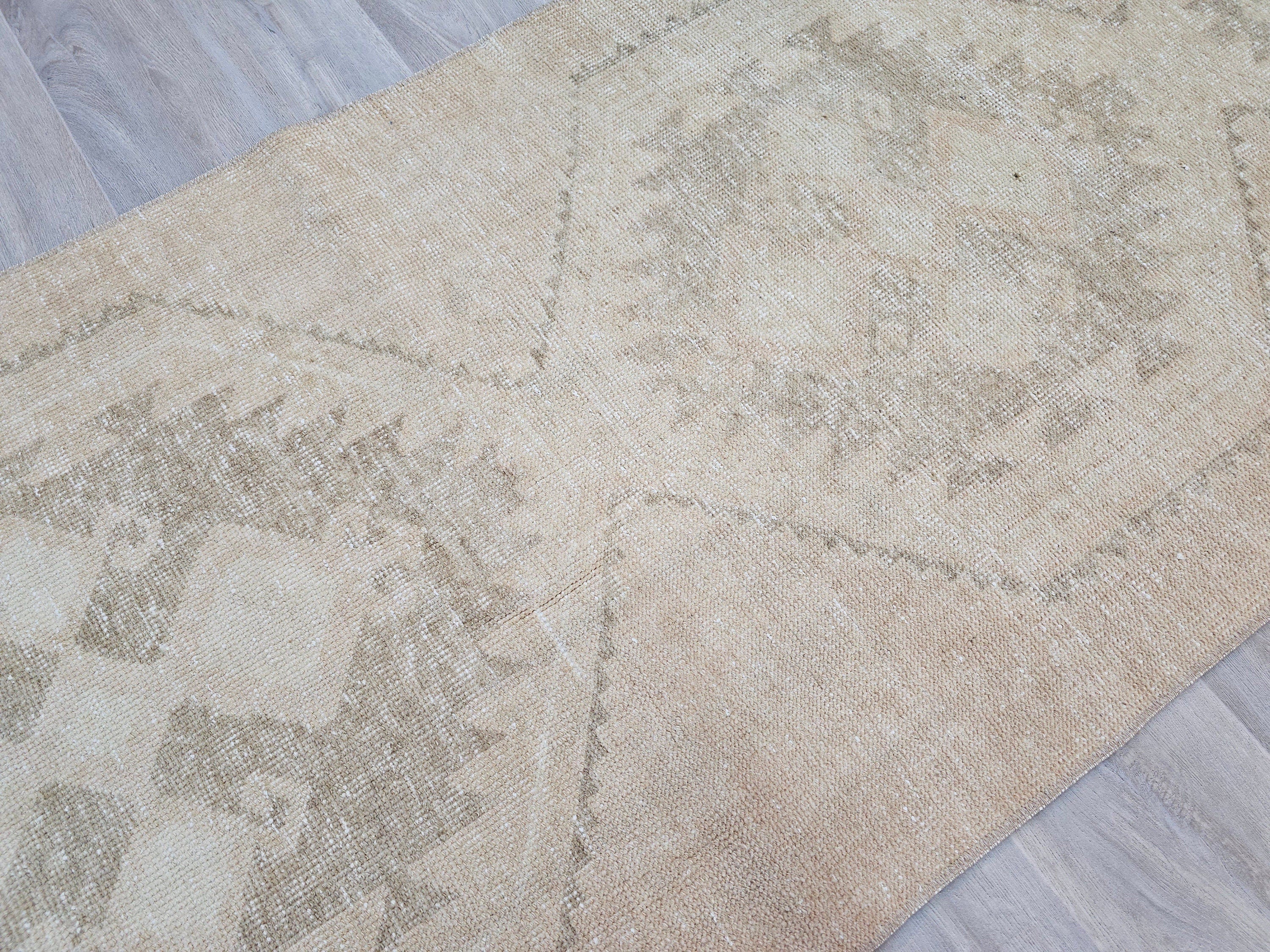 Neutral Oushak Rug Runner 3x13 ft: Distressed Turkish Hallway Carpet