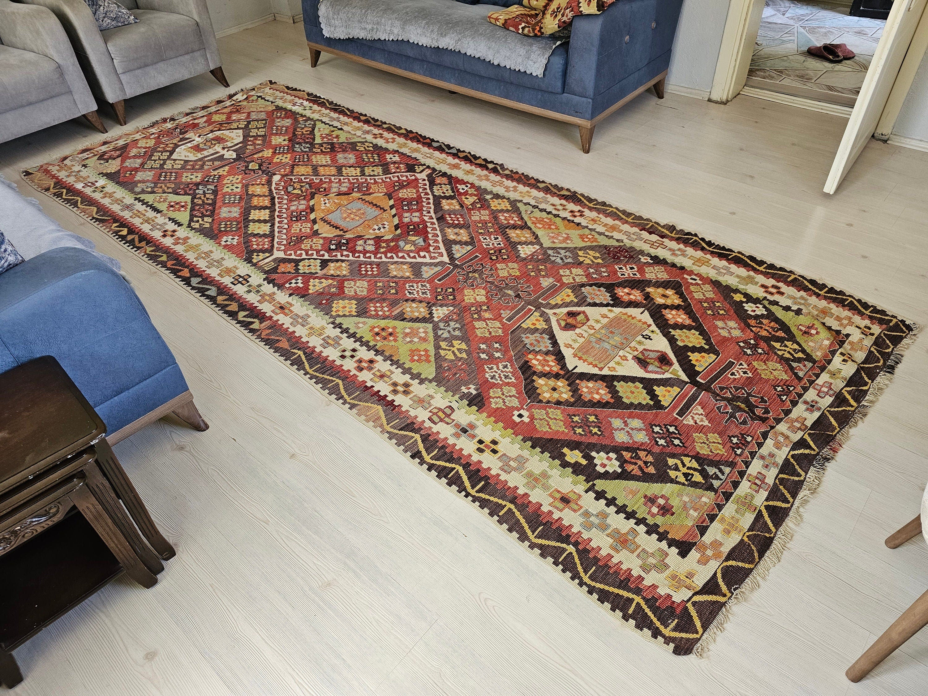 Vintage Kilim Runner Rug: Handmade Wool Turkish Oushak, 5x12 ft