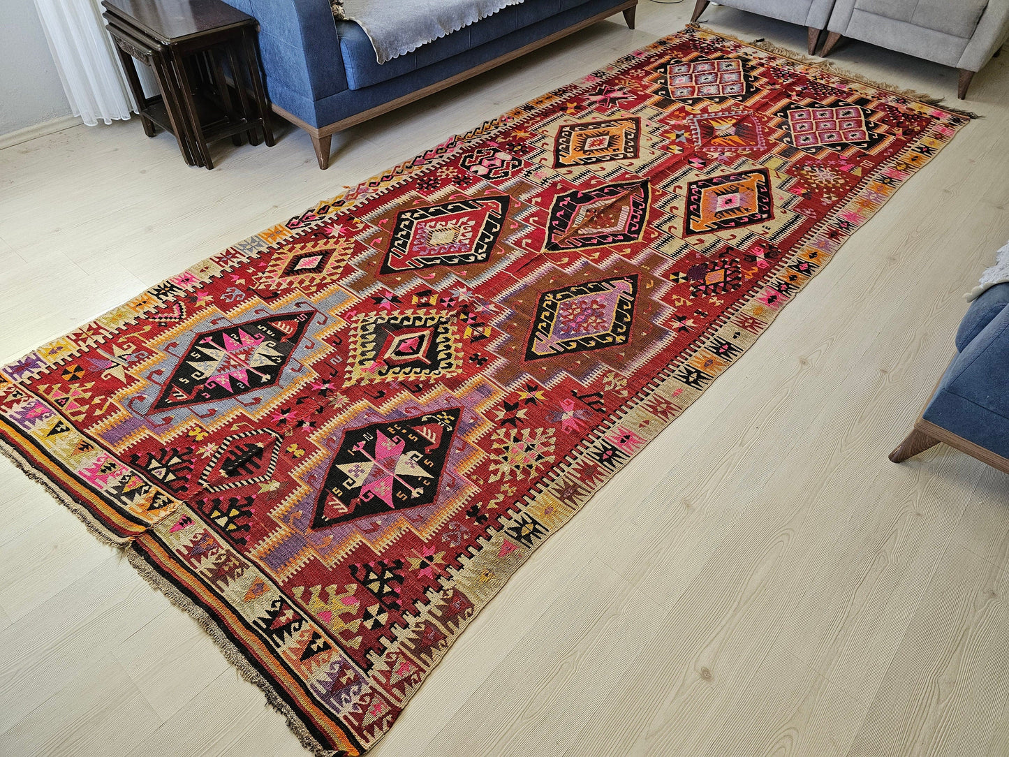 Handmade Vintage Turkish Kilim Rug/ Wide Hallway Rug /5.10x12.25 feet