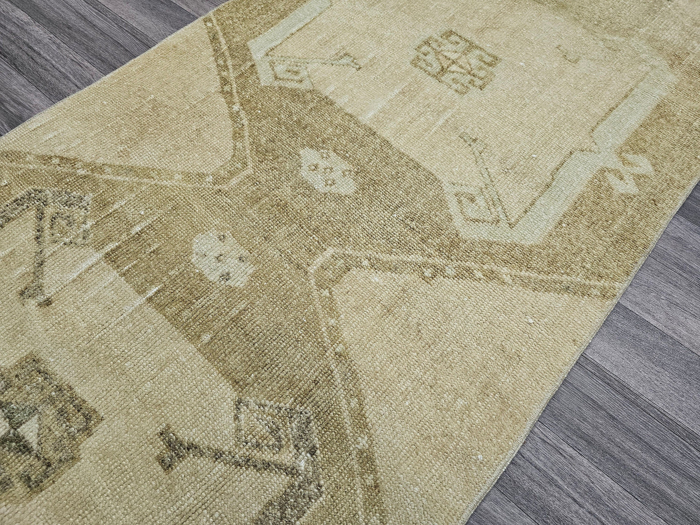Long Neutral Oushak Runner - Vintage Runner for Kitchen - Hand Knotted Wool Runner - Aisle Runner - Stair Runner - Muted Beige Runner