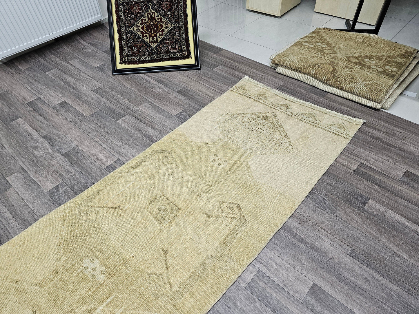 Long Neutral Oushak Runner - Vintage Runner for Kitchen - Hand Knotted Wool Runner - Aisle Runner - Stair Runner - Muted Beige Runner
