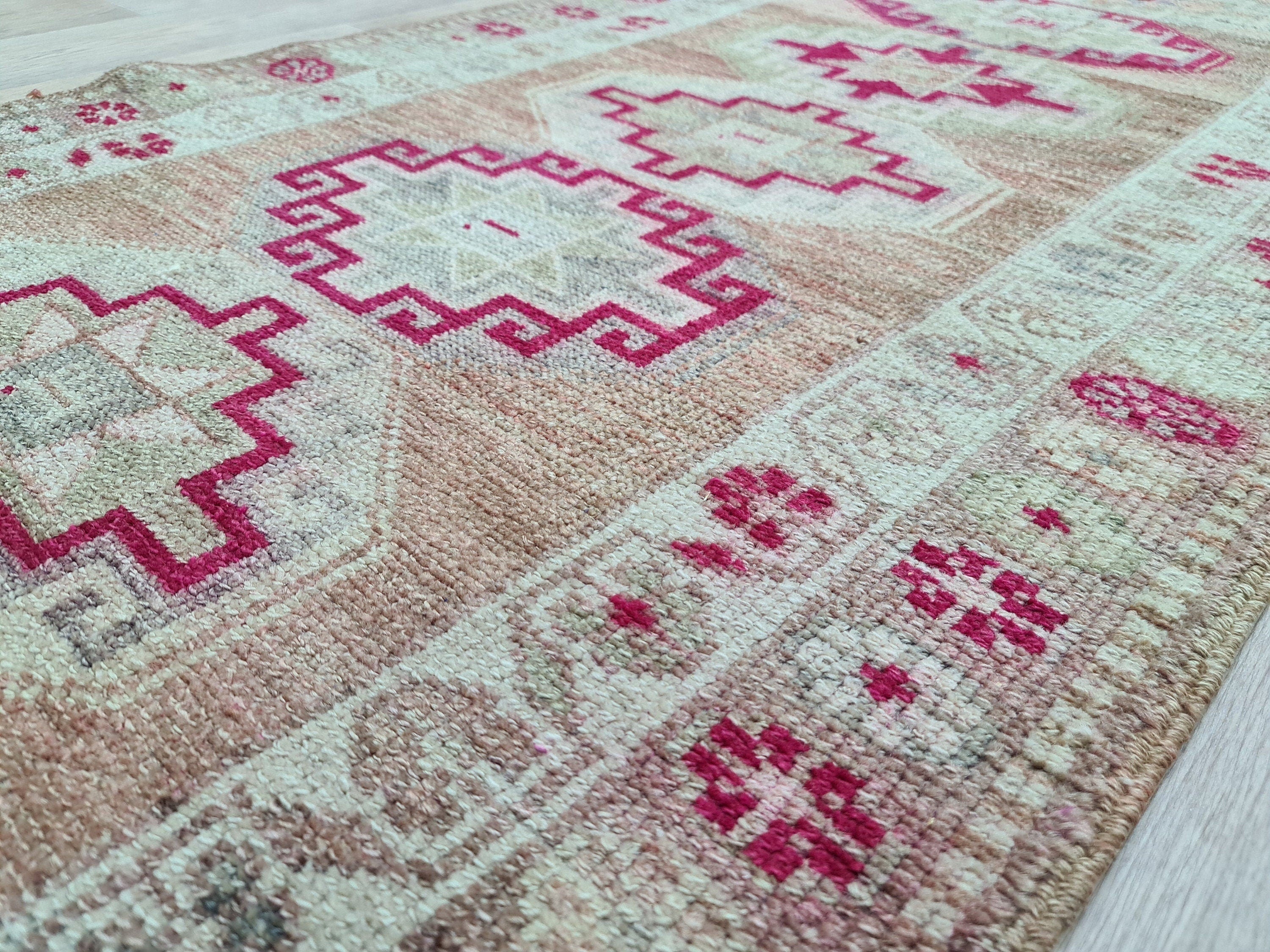 Hand Woven Wool Runner Rug: Vintage Oushak Herki Design (2.85x11.8 feet)