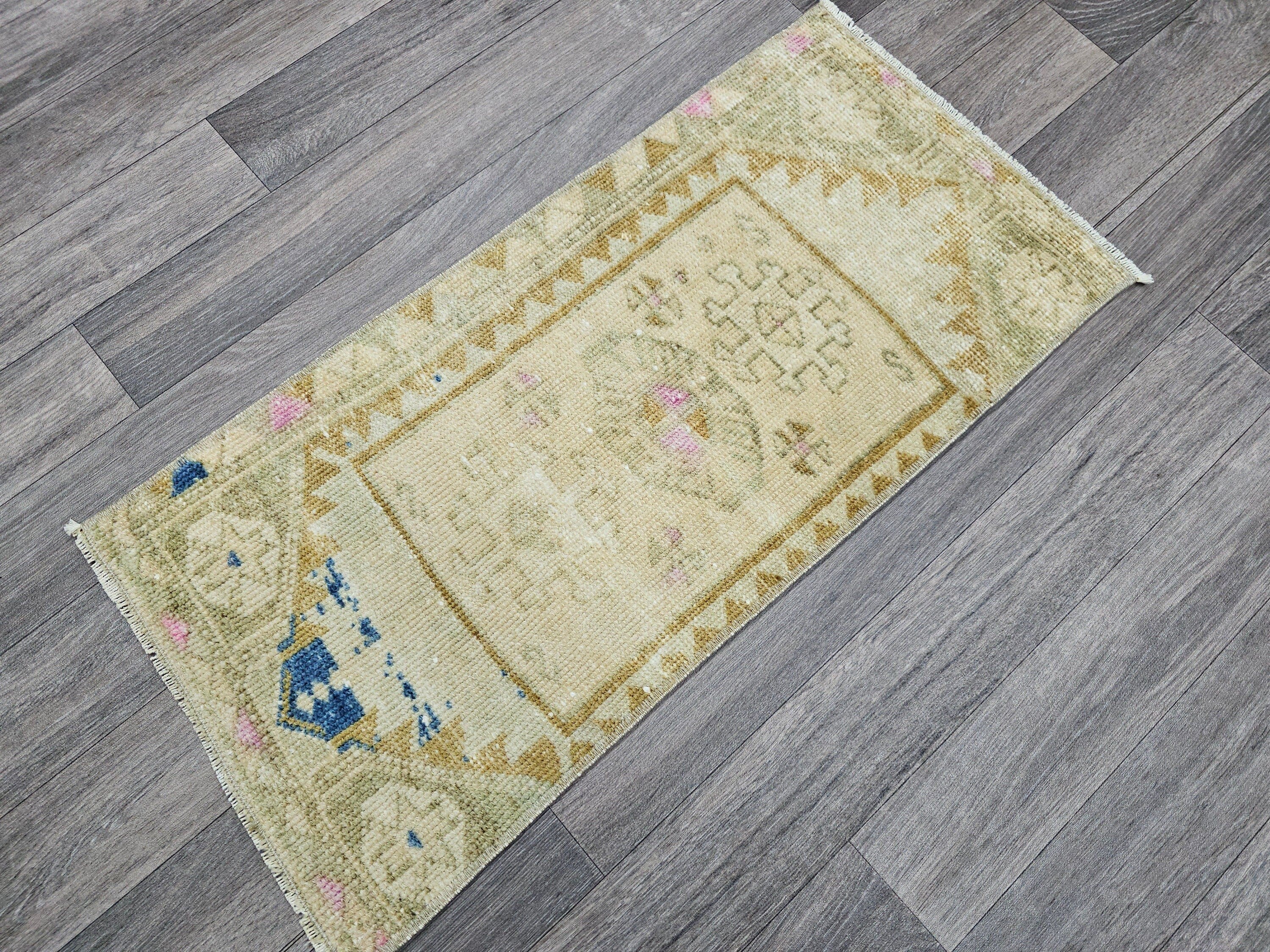 Vintage Turkish Oushak Doormat Bath Mat Neutral - 15x33 inches
