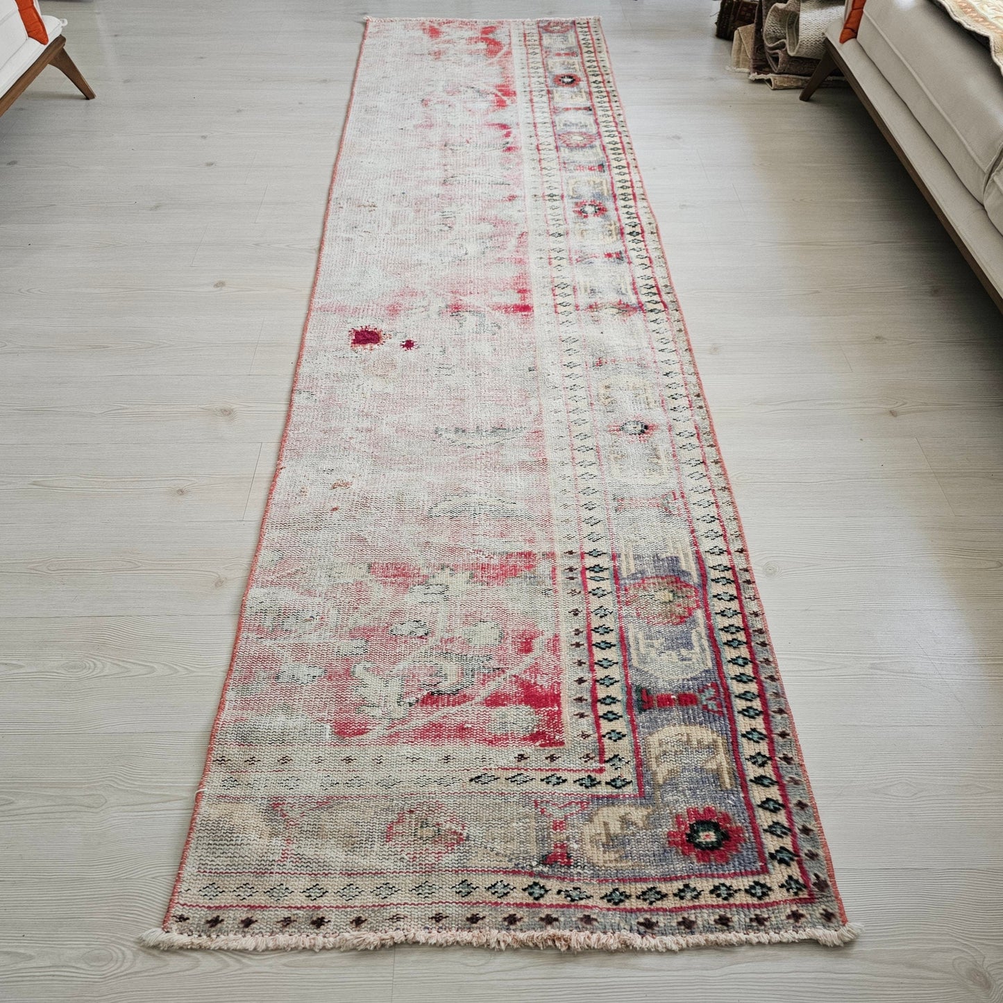 2.6x10 feet Vintage Turkish Runner Rug - Narrow Faded Oushak Runner for Hallway and Kitchen - Antique Runner Rug