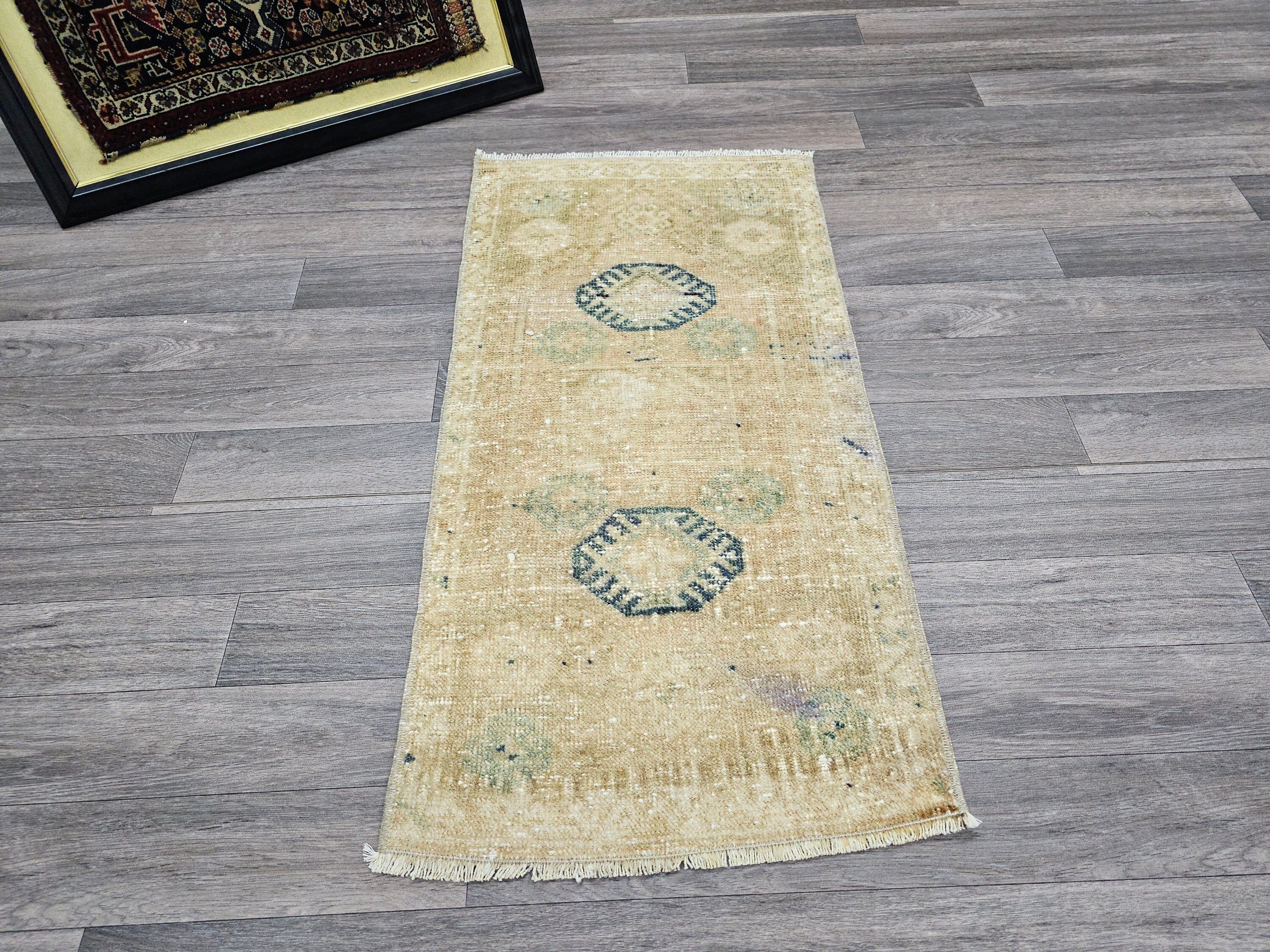 Vintage Turkish Oushak Doormat - Neutral Bath Mat 20x38 inches