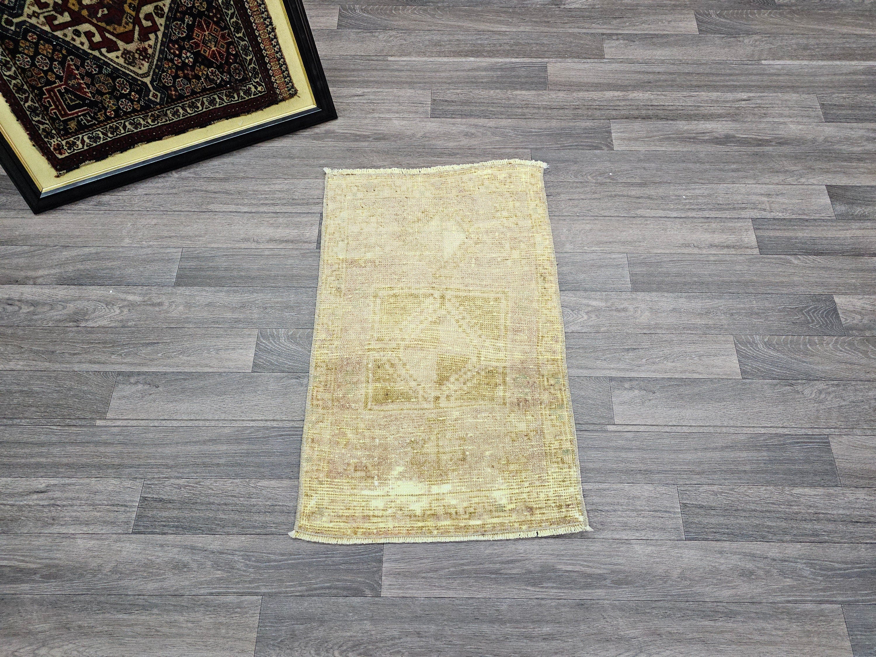 Hand Knotted Wool Bath Mat: 21x33 Neutral Vintage Turkish Oushak Rug