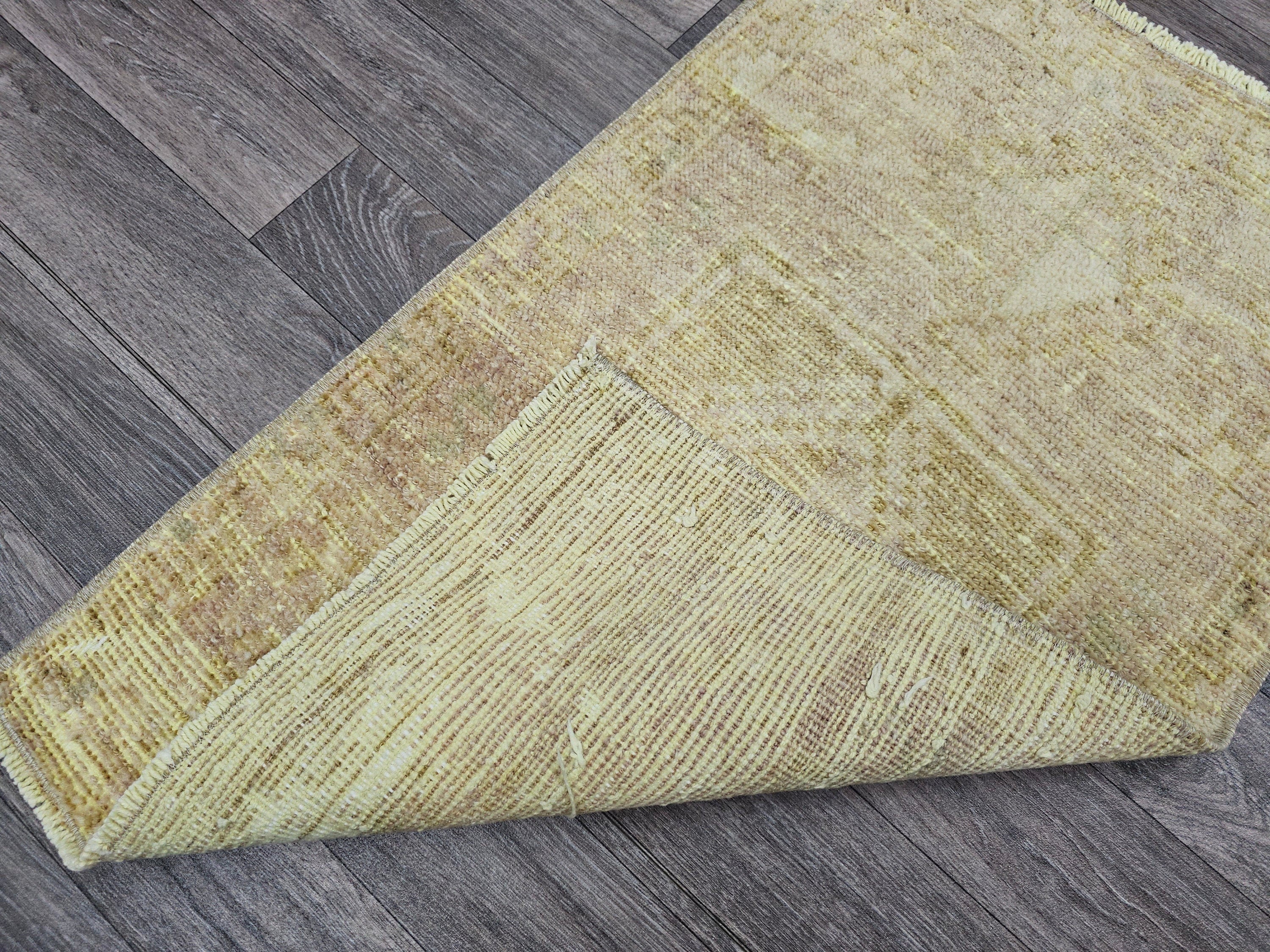 Hand Knotted Wool Bath Mat: 21x33 Neutral Vintage Turkish Oushak Rug