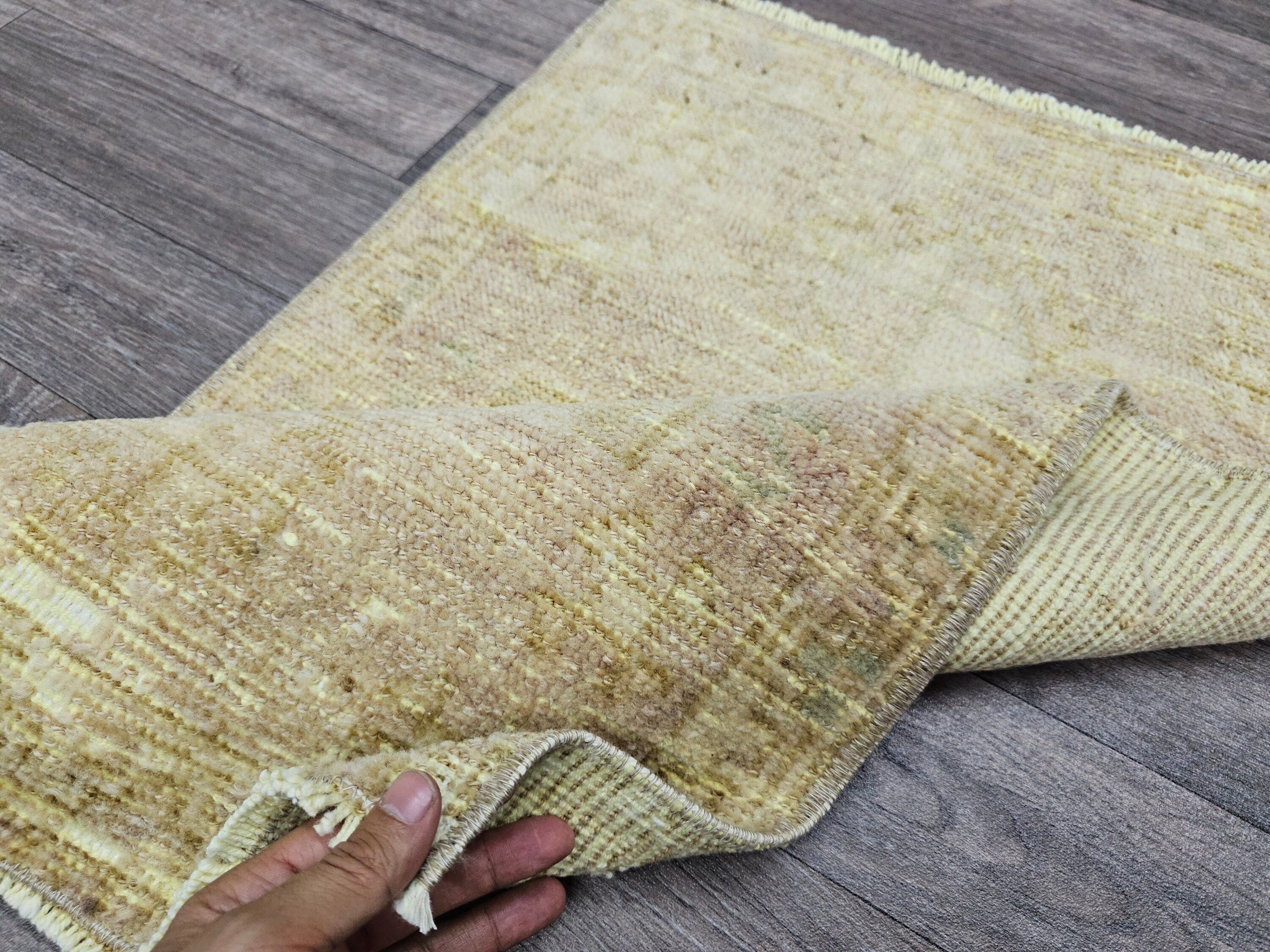Hand Knotted Wool Bath Mat: 21x33 Neutral Vintage Turkish Oushak Rug