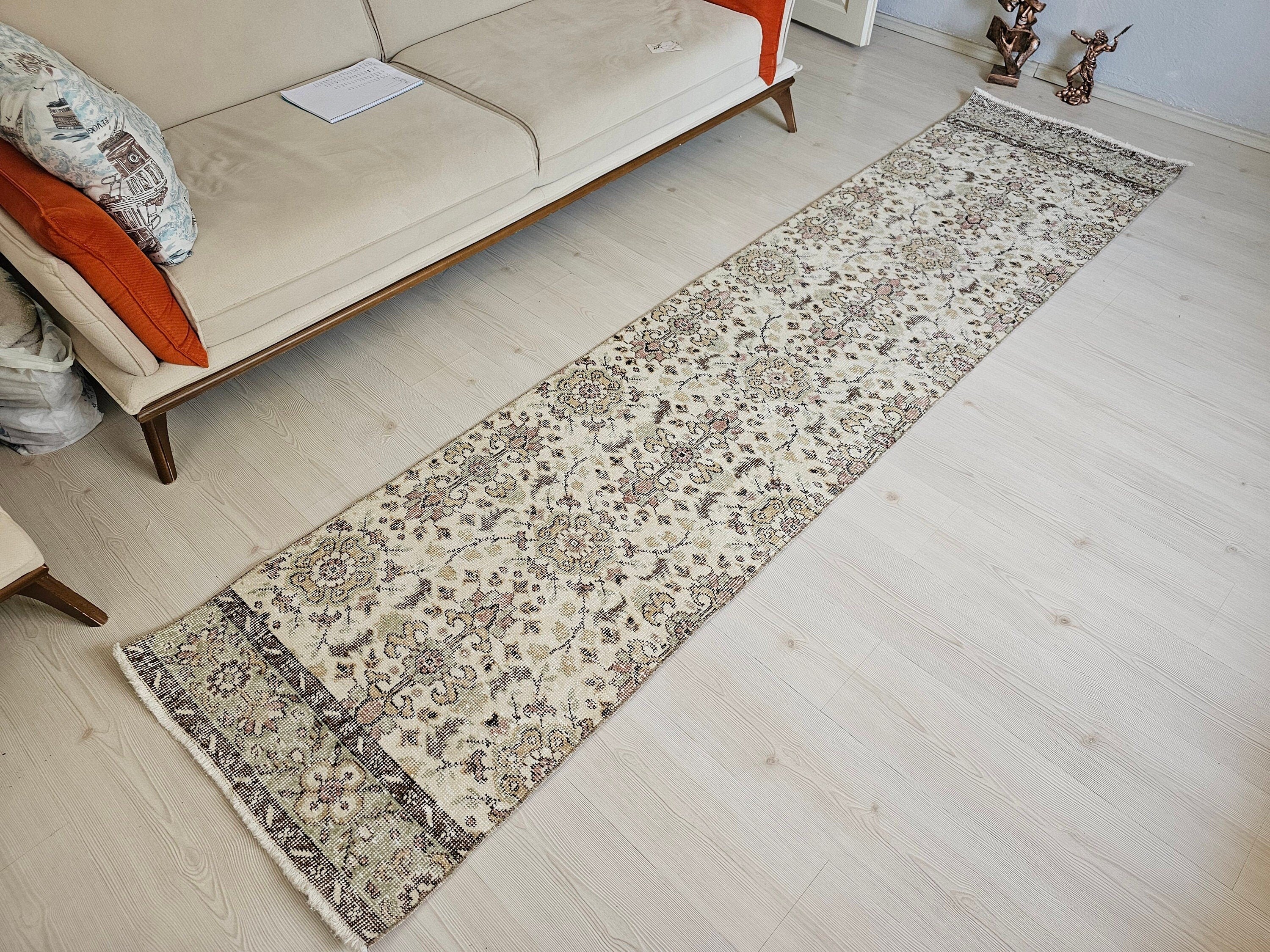 Hand Knotted Wool Runner Rug: 2x10 Vintage Floral Oushak Design