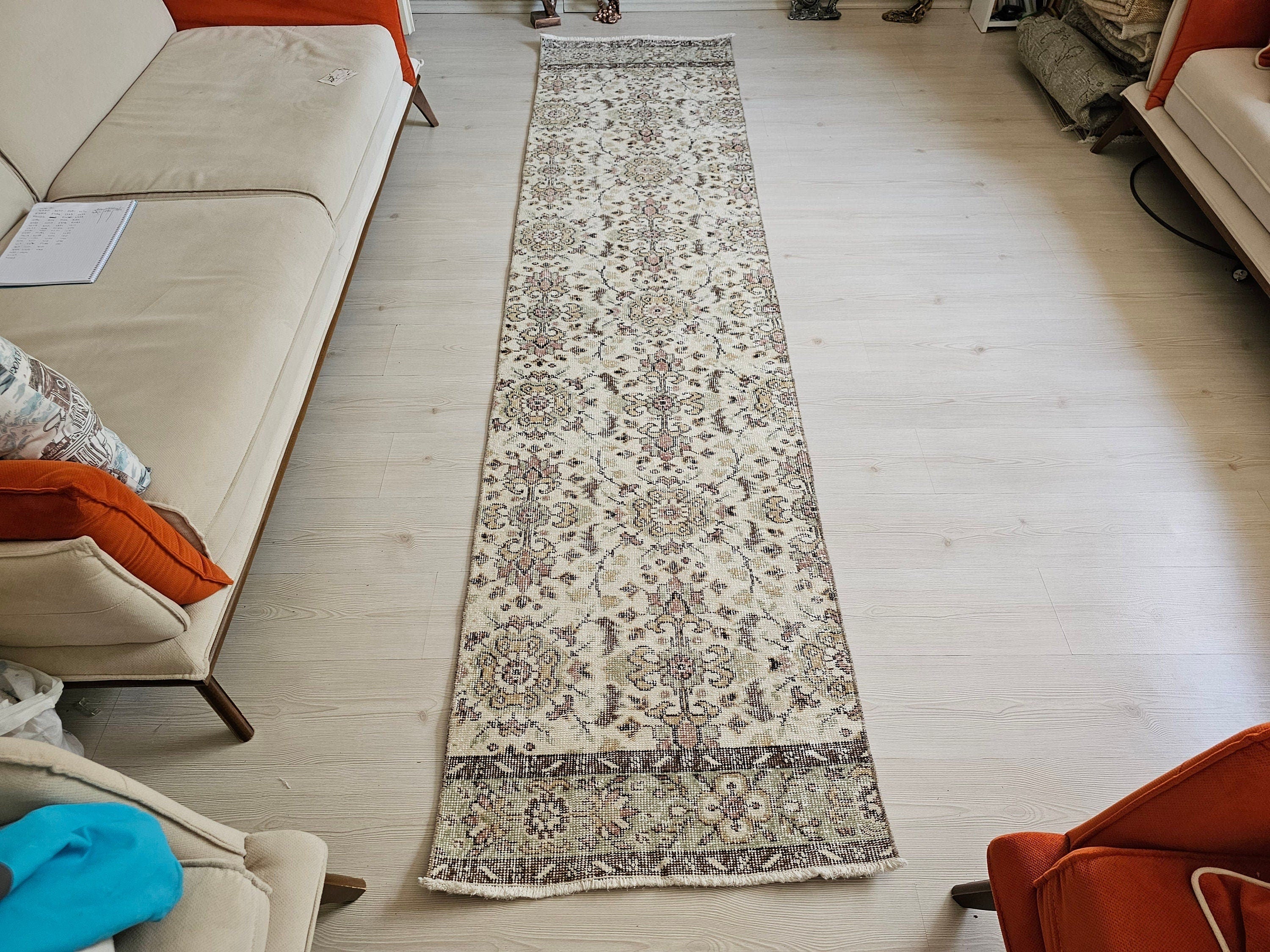 Hand Knotted Wool Runner Rug: 2x10 Vintage Floral Oushak Design