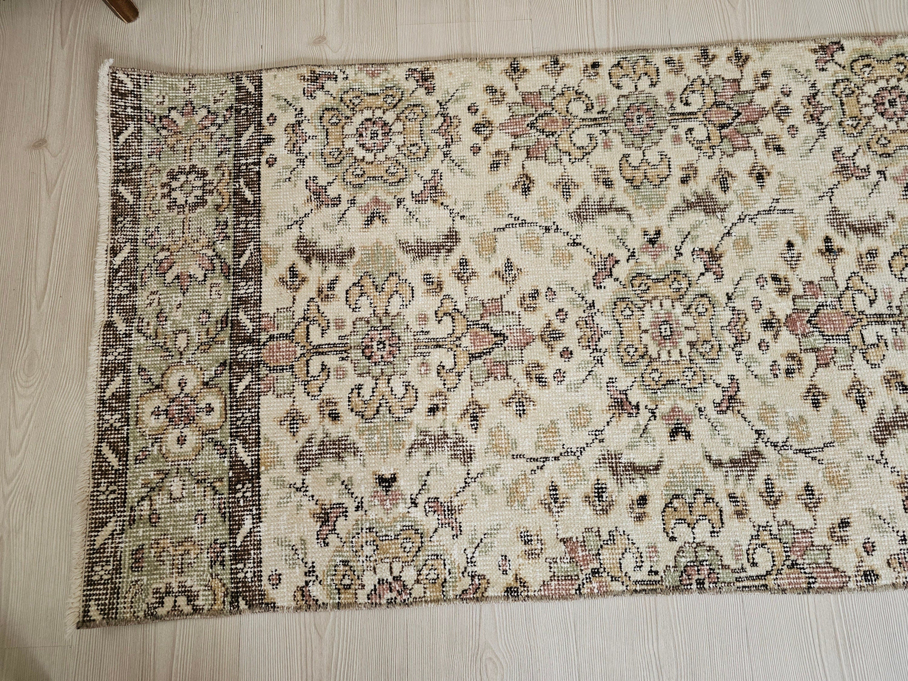 Hand Knotted Wool Runner Rug: 2x10 Vintage Floral Oushak Design
