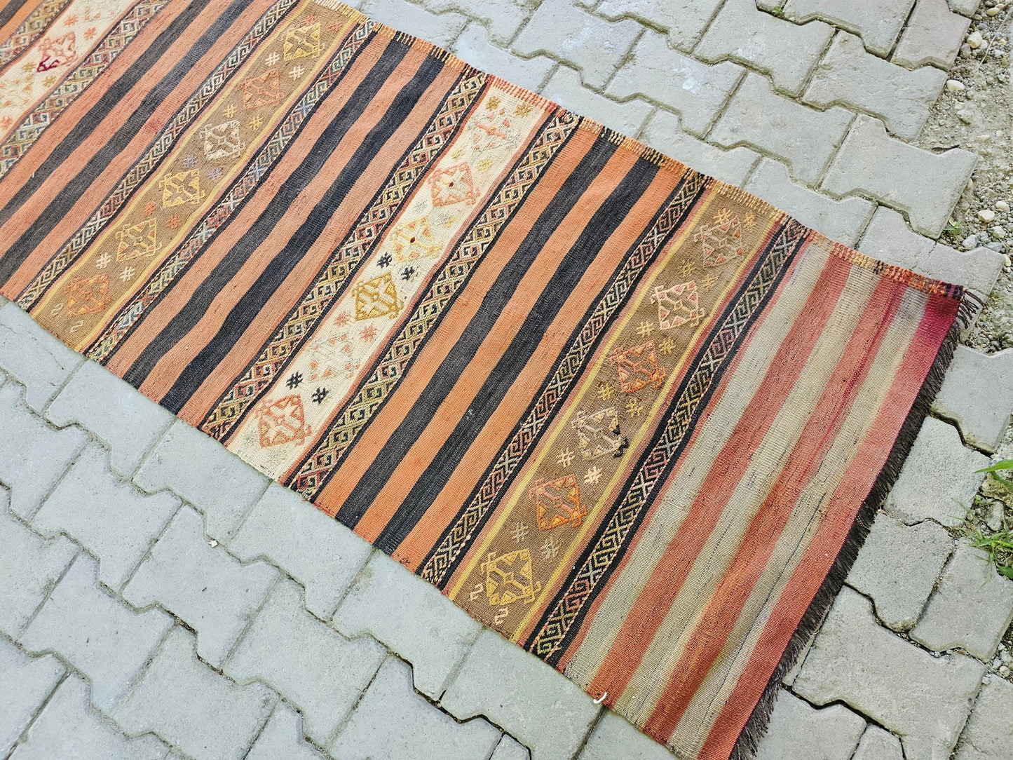 Vintage Turkish Wool Runner Rug: Striped Oushak Hallway Rug (3x13)