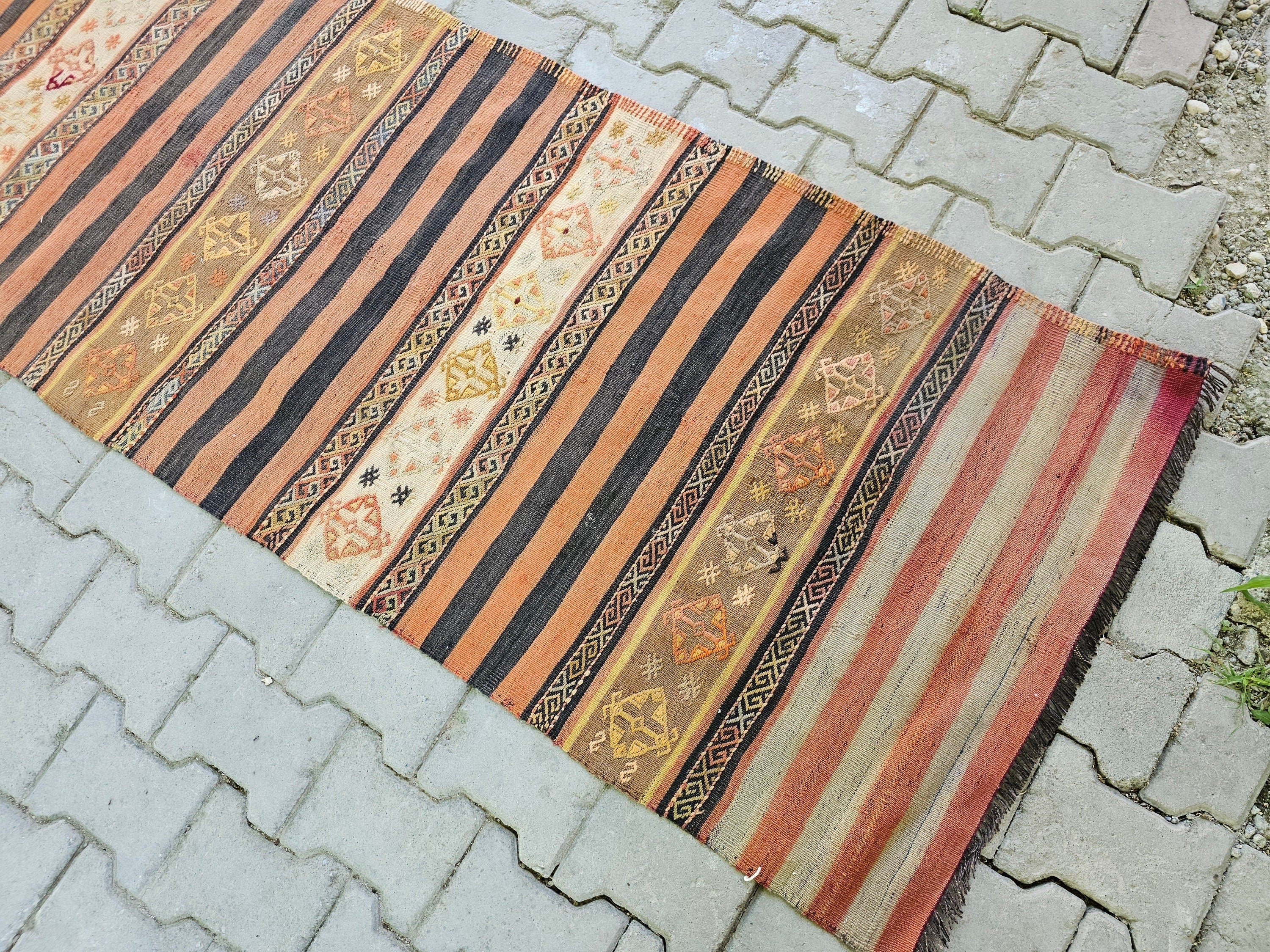 Vintage Turkish Wool Runner Rug: Striped Oushak Hallway Rug (3x13)
