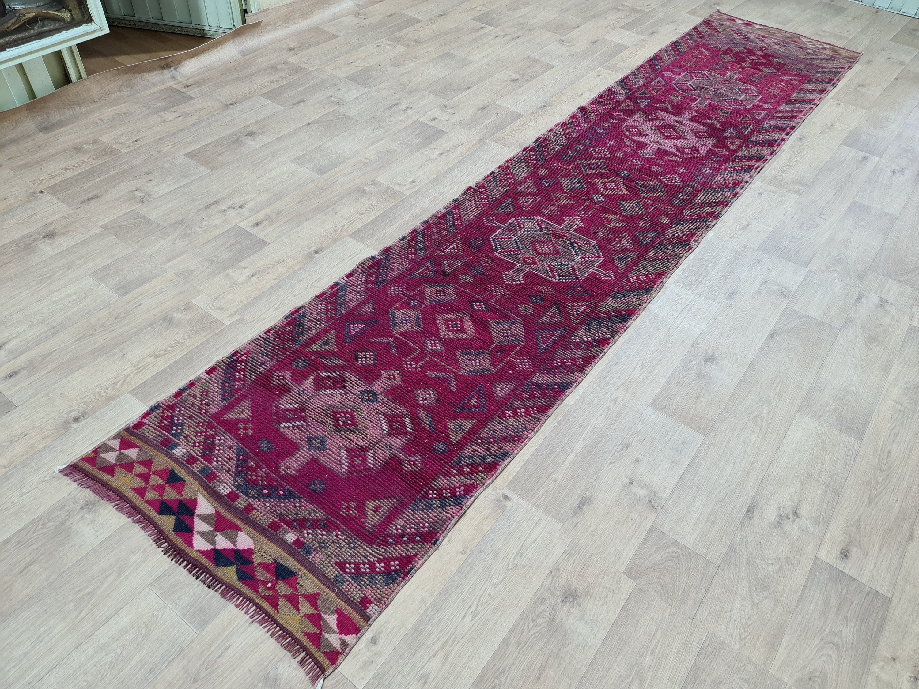 Hand Knotted Wool Herki Runner: 3x13 Vintage Turkish Rug