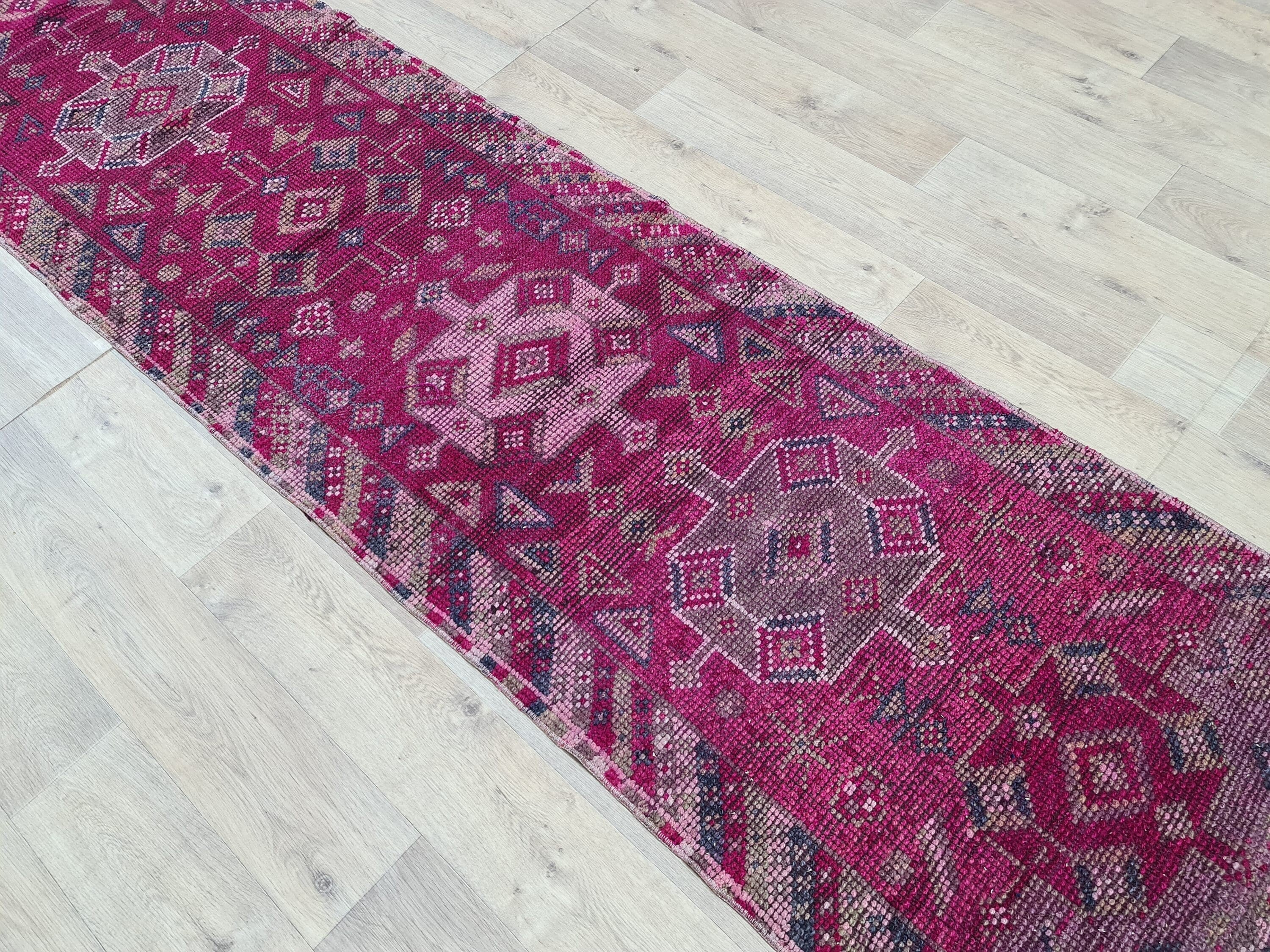 Hand Knotted Wool Herki Runner: 3x13 Vintage Turkish Rug