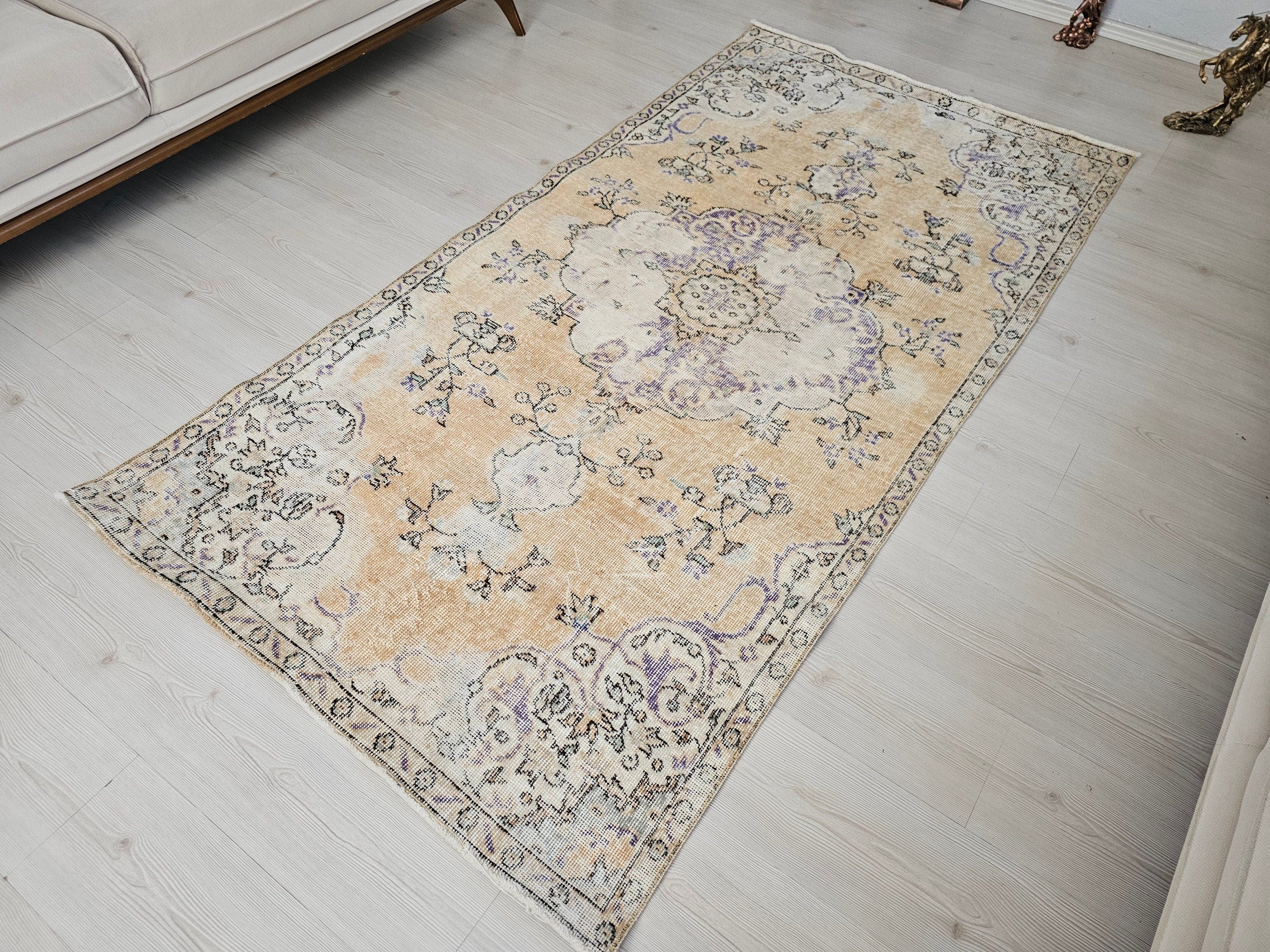 Handwoven Vintage Anatolian Rug - 3.74x7.21 ft (114x220 cm) Muted Floral Carpet
